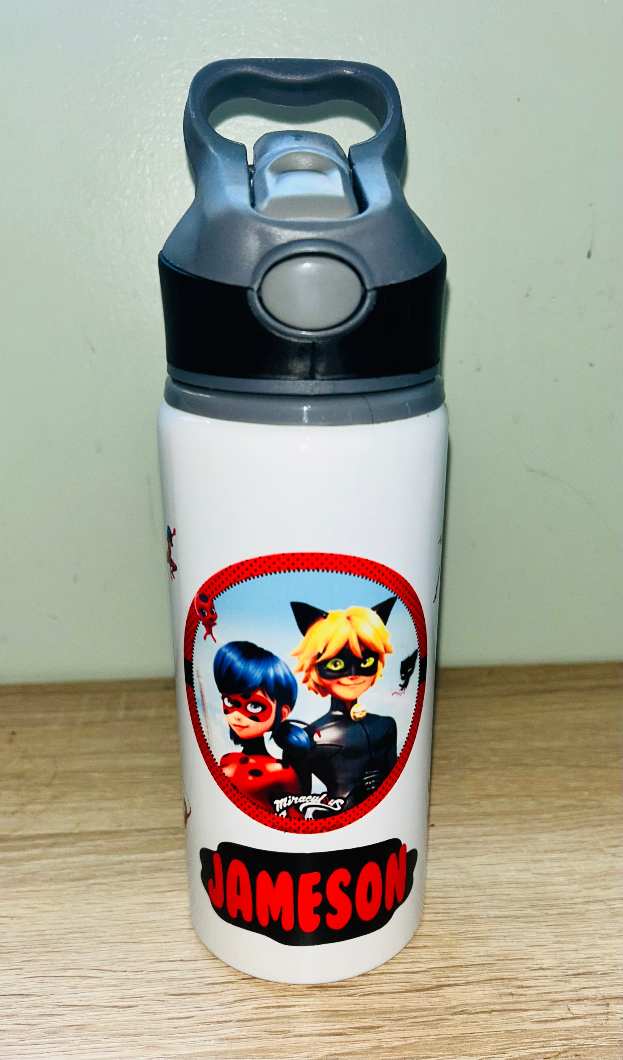 Character/Miraculous Themed Personalised 600ml Aluminium Water Bottles - made with your favourite characters! School Water Bottle, Summer Ready.