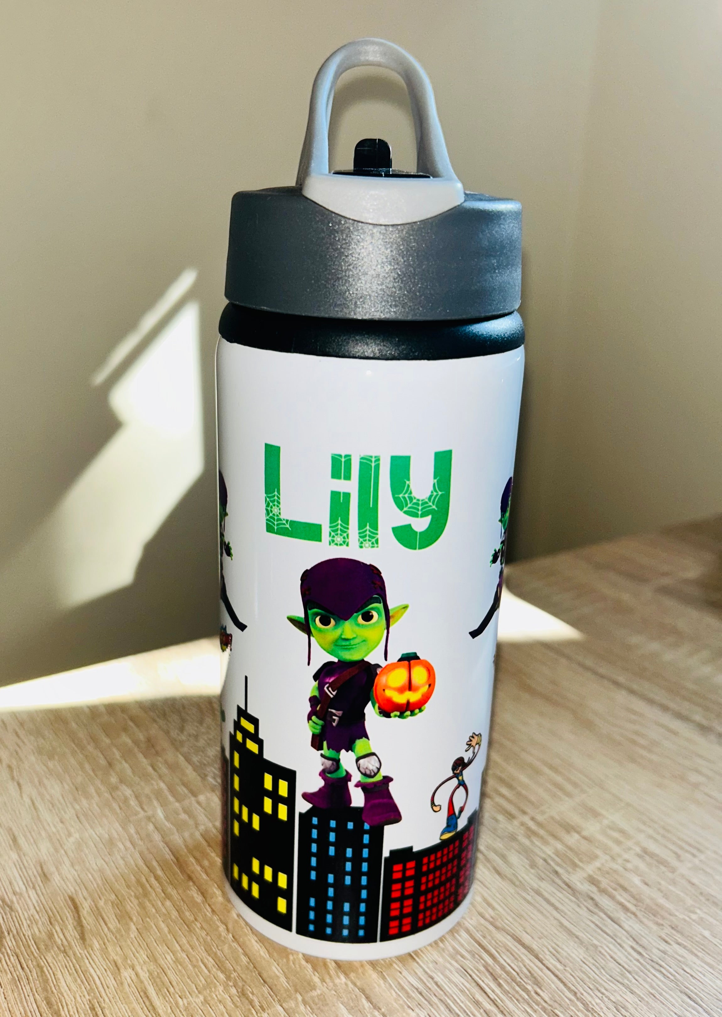 Gobby/Spidey & Friends Themed Personalised 600ml Aluminium Water Bottles - made with your favourite characters! School Water Bottle, Summer Ready.