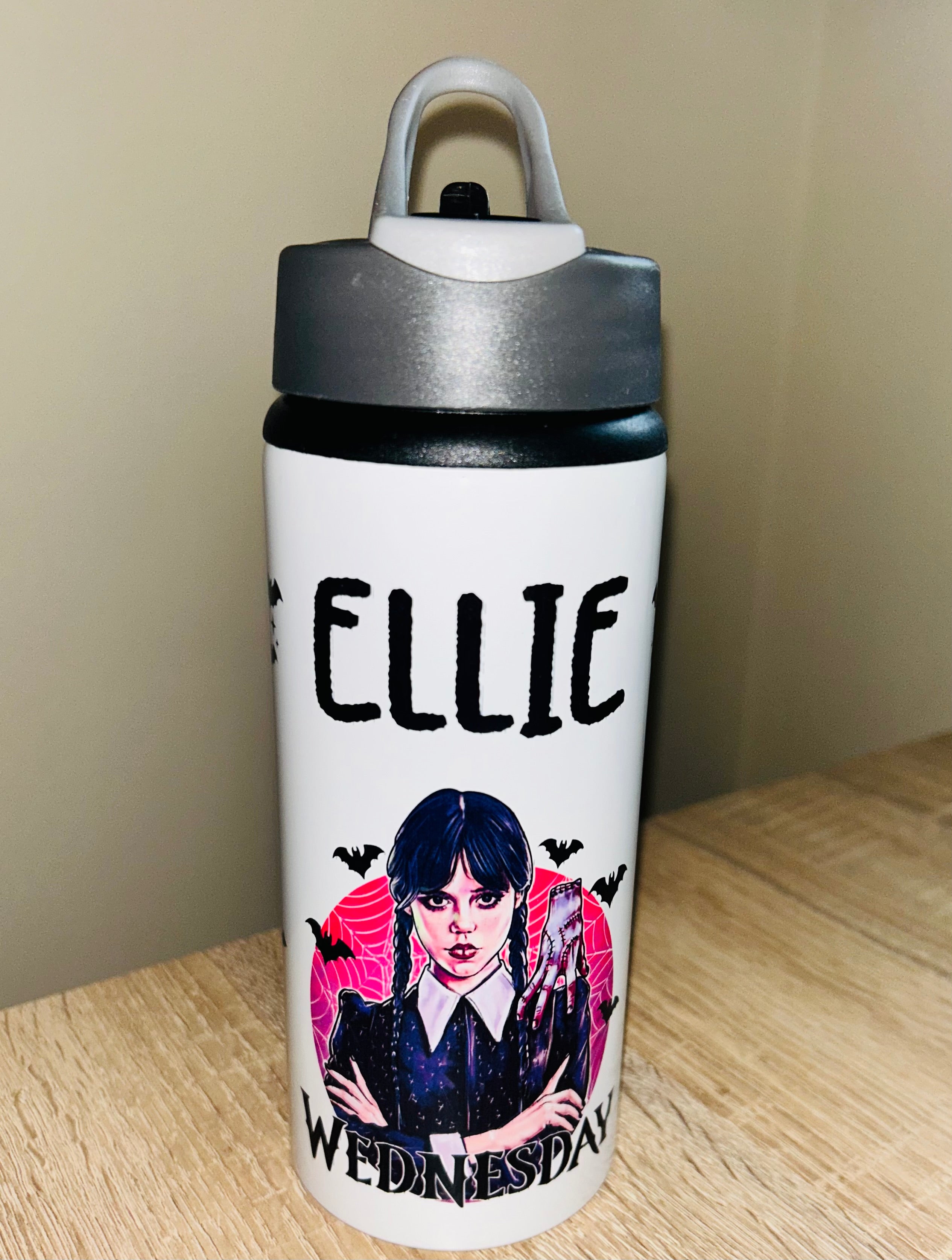 Character/Wednesday Themed Personalised 600ml Aluminium Water Bottles - made with your favourite characters! School Water Bottle, Summer Ready.