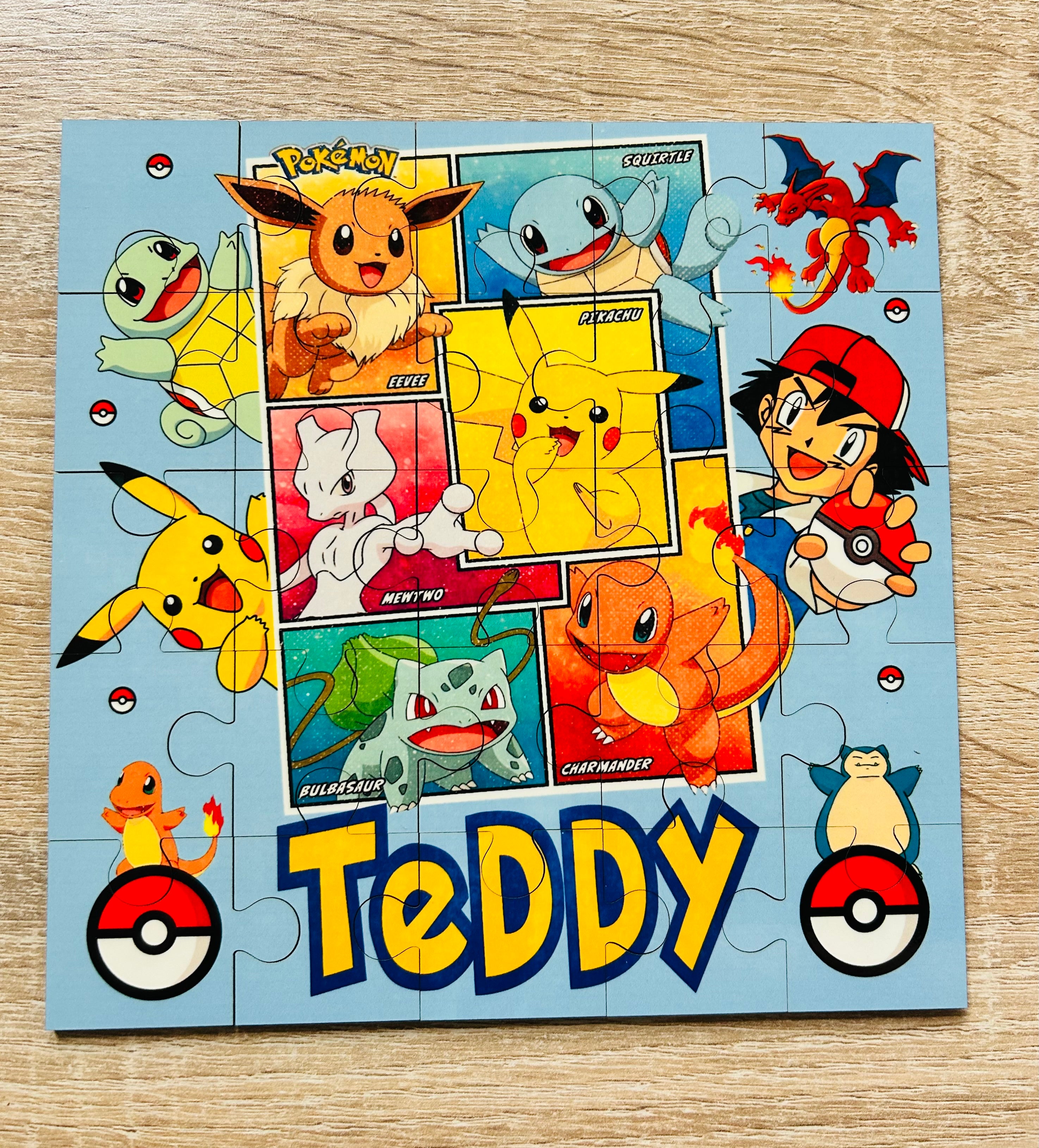 Character/Pokemon Themed Personalised Jigsaw Puzzle, Children's Custom Jigsaw, 24 Piece Wooden Puzzle, Birthday gift, Personalised Gift. Square Shape