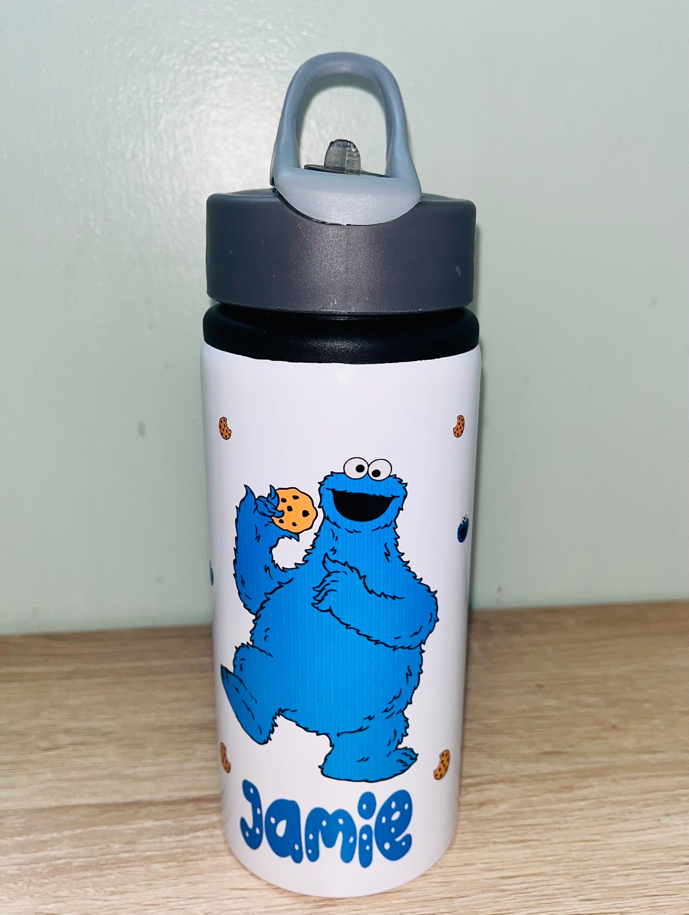 Character/Cookie Monster Themed Personalised 600ml Aluminium Water Bottles - made with your favourite characters! School Water Bottle, Summer Ready.