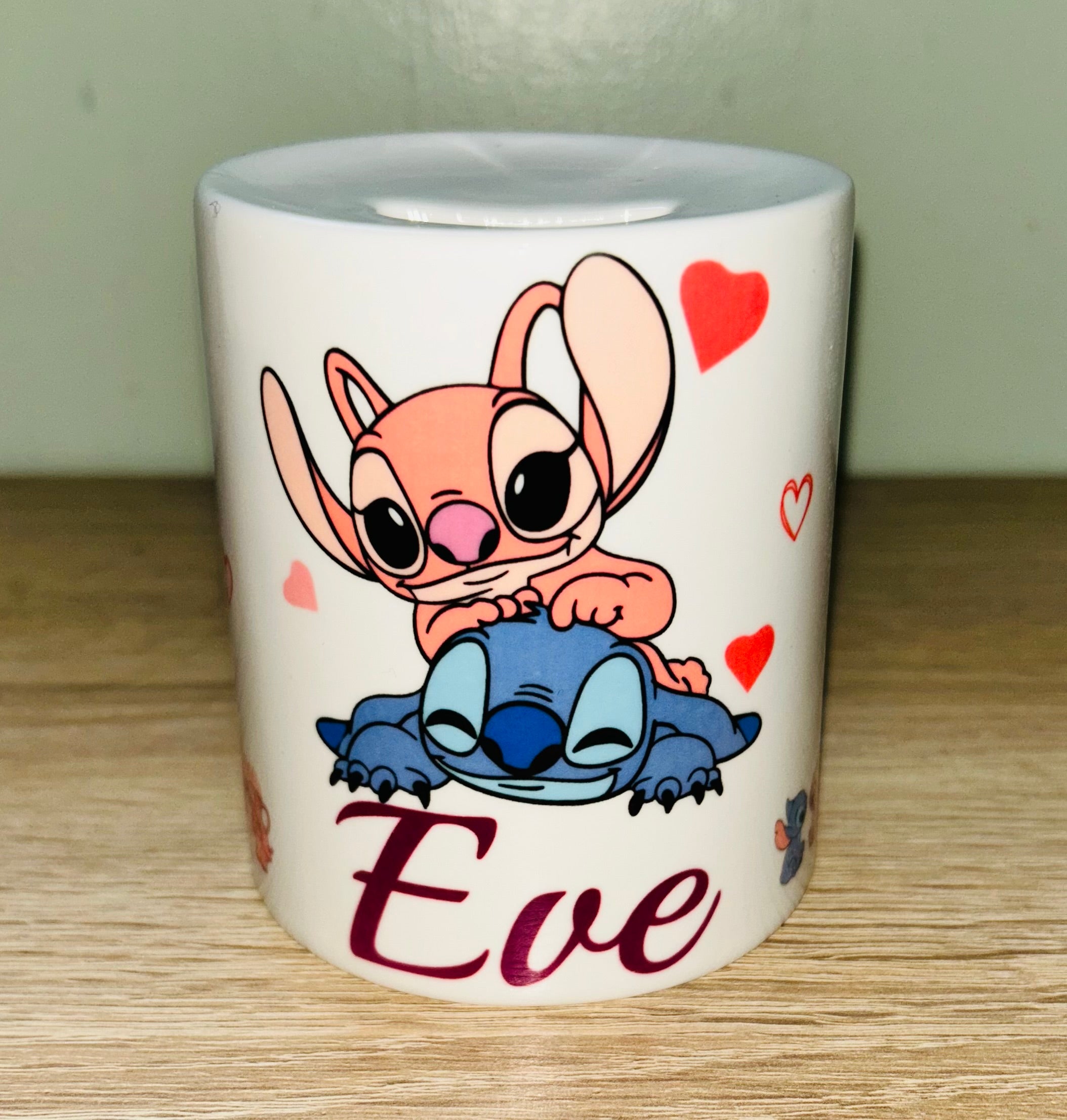 Stitch & Angel Design Personalised Money Box, Piggy Bank, Birthday Gift, Baby gift, keepsake, Saving, bedroom/nursery decor, Ceramic