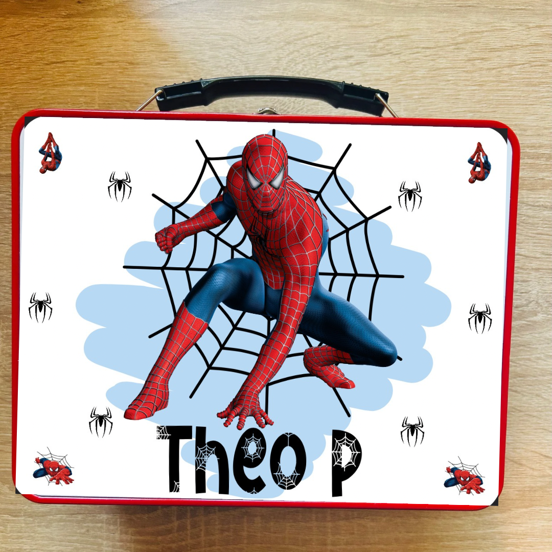 Spiderman Themed Personalised Metal Lunch Box With Handle, Carry Case, Back To School, Lunch Box, Gift For Kids, Birthday Gift