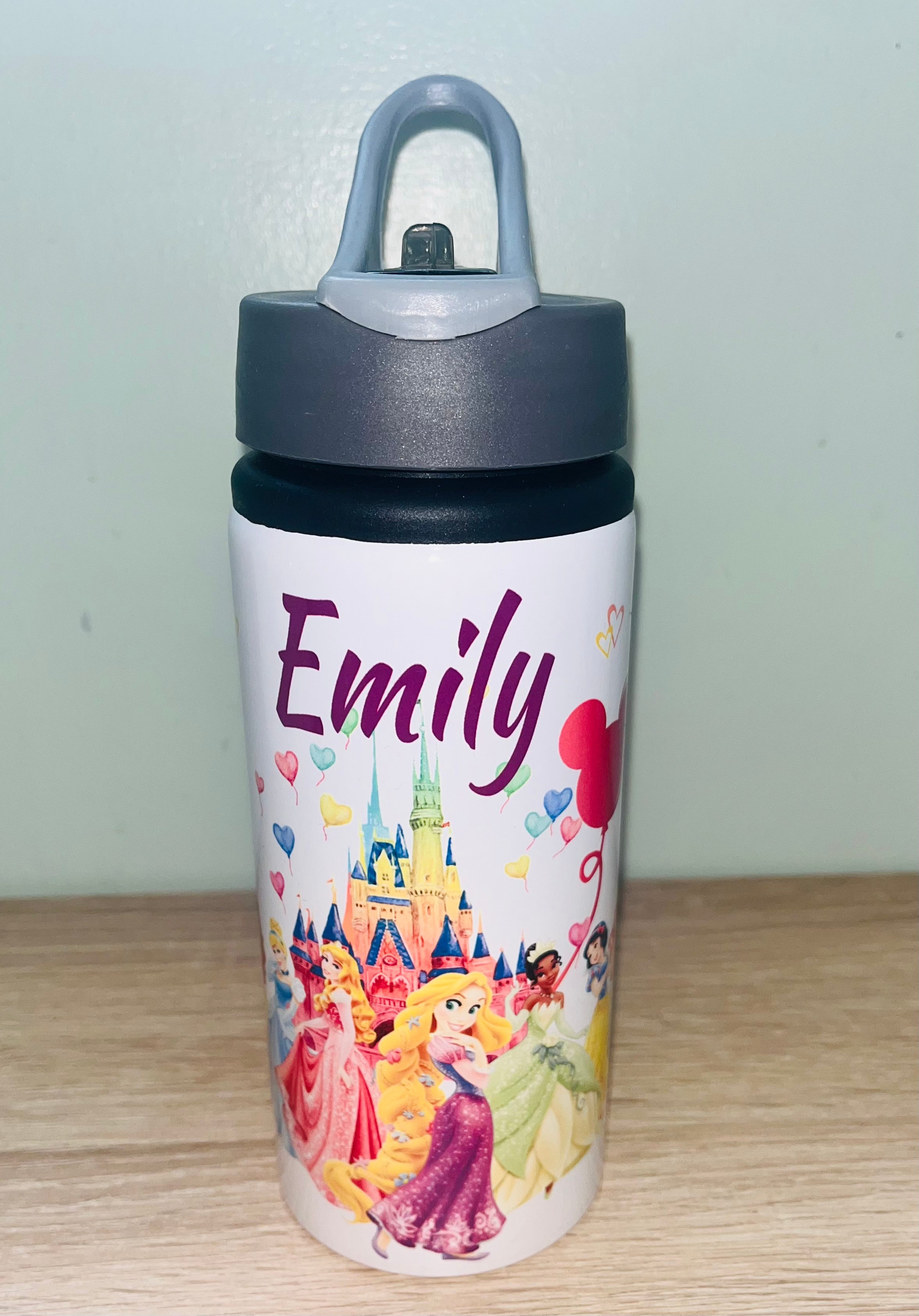 Princess Themed Personalised 600ml Aluminium Water Bottles - made with your favourite characters! School Water Bottle, Summer Ready.