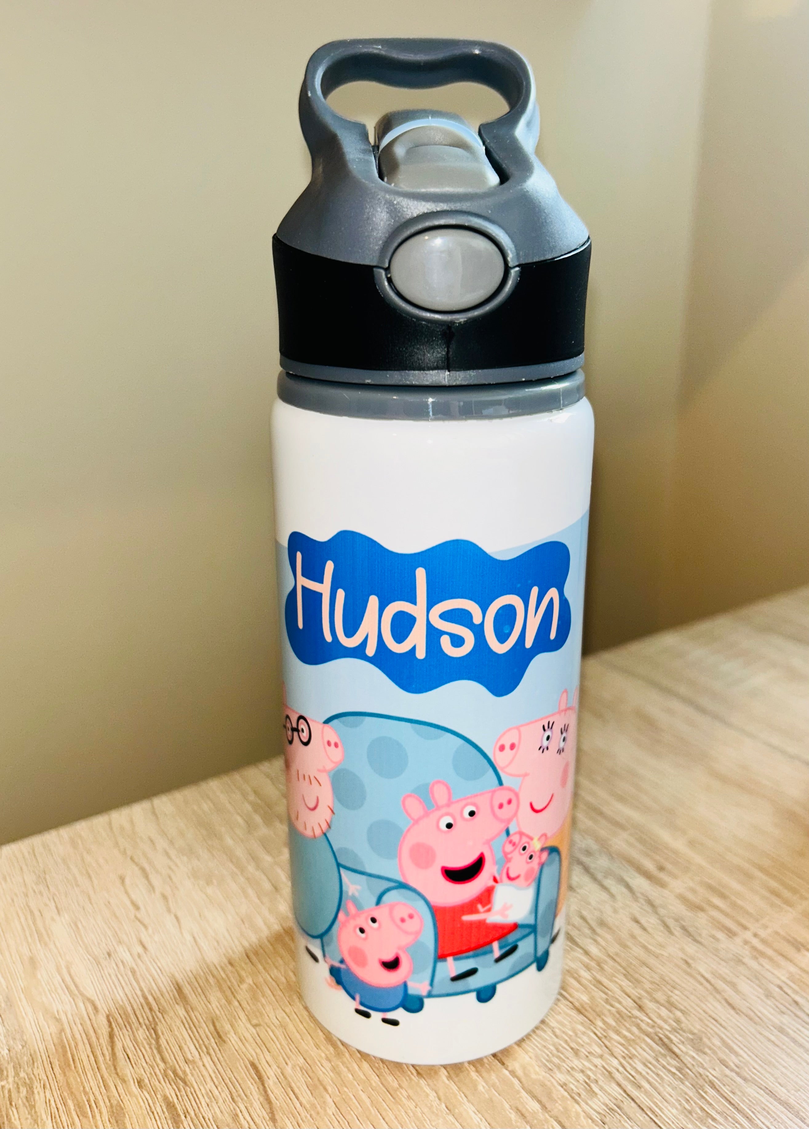 Character/Pig Themed Personalised 600ml Aluminium Water Bottles - made with your favourite characters! School Water Bottle, Summer Ready.