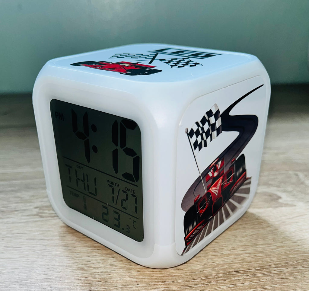 F1 Motorsport Design Personalised LED Cube Digital Alarm Clock - Colour Changing/Great Gift Idea
