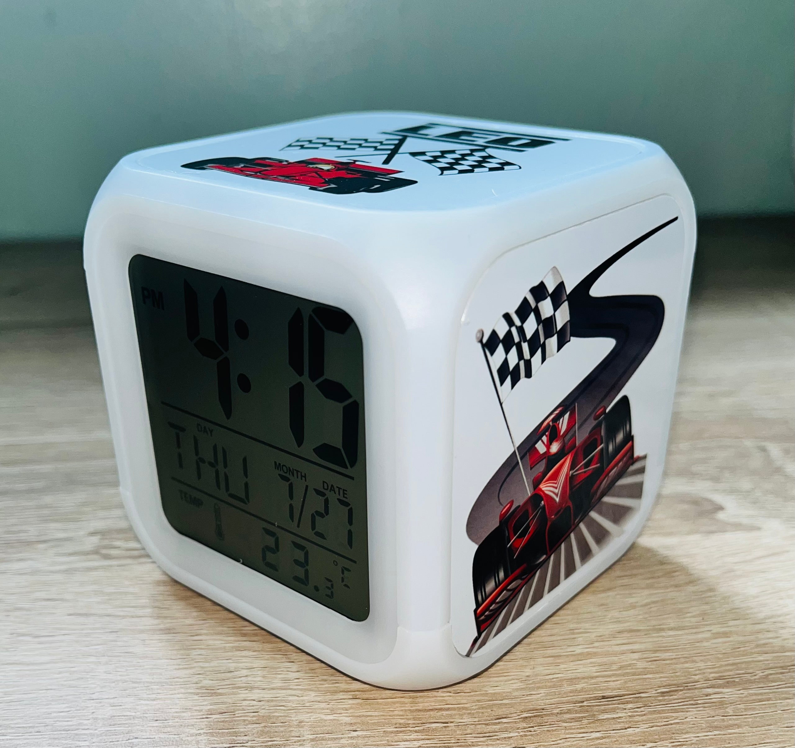 F1 Motorsport Design Personalised LED Cube Digital Alarm Clock - Colour Changing/Great Gift Idea