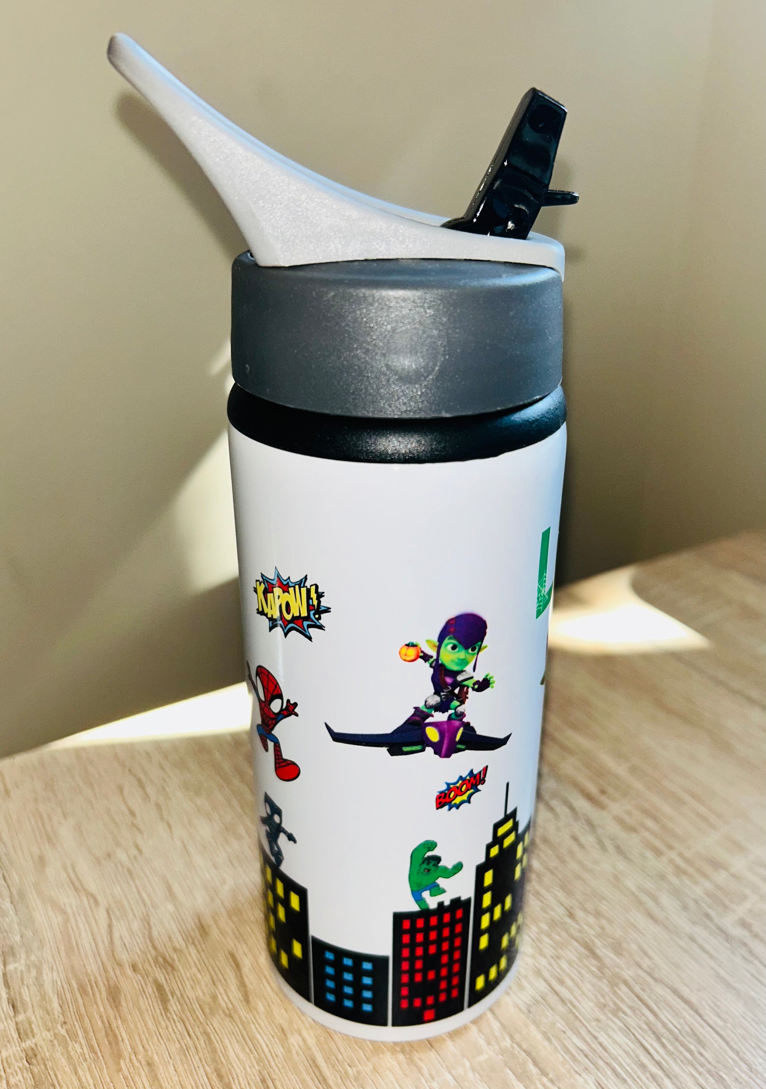 Gobby/Spidey & Friends Themed Personalised 600ml Aluminium Water Bottles - made with your favourite characters! School Water Bottle, Summer Ready.
