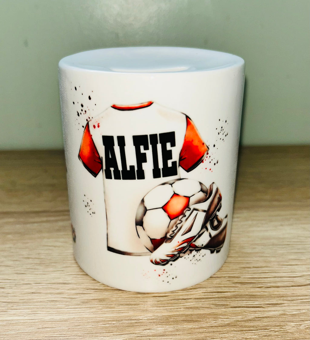 Football Design Personalised Money Box, Piggy Bank, Birthday Gift, Baby gift, keepsake, Saving, bedroom/nursery decor, Ceramic