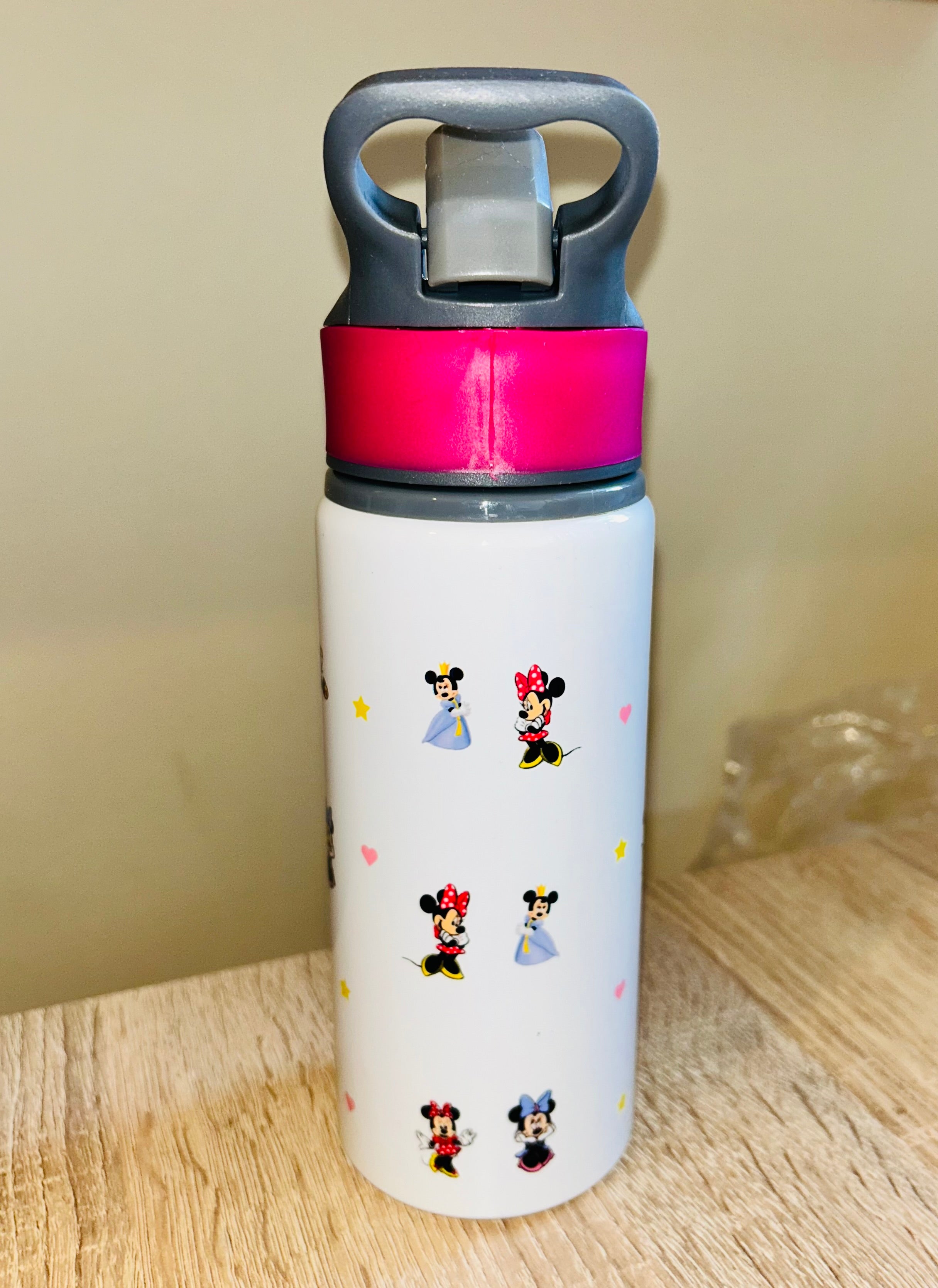 Character/Minnie Mouse Themed Personalised 600ml Aluminium Water Bottles - made with your favourite characters! School Water Bottle, Summer Ready.