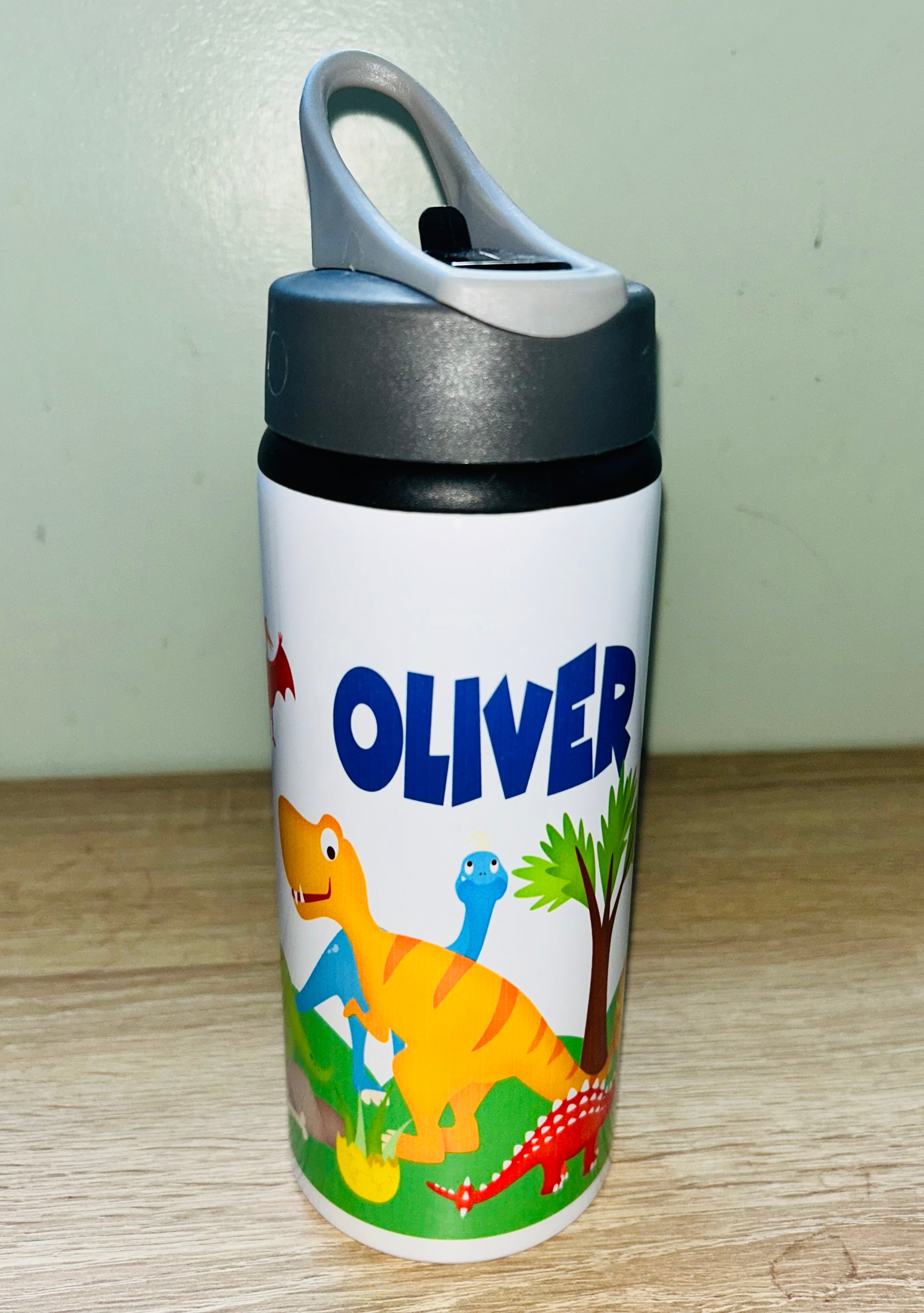 Dinosaur Themed Personalised 600ml Aluminium Water Bottles - made with your favourite characters! School Water Bottle, Summer Ready.