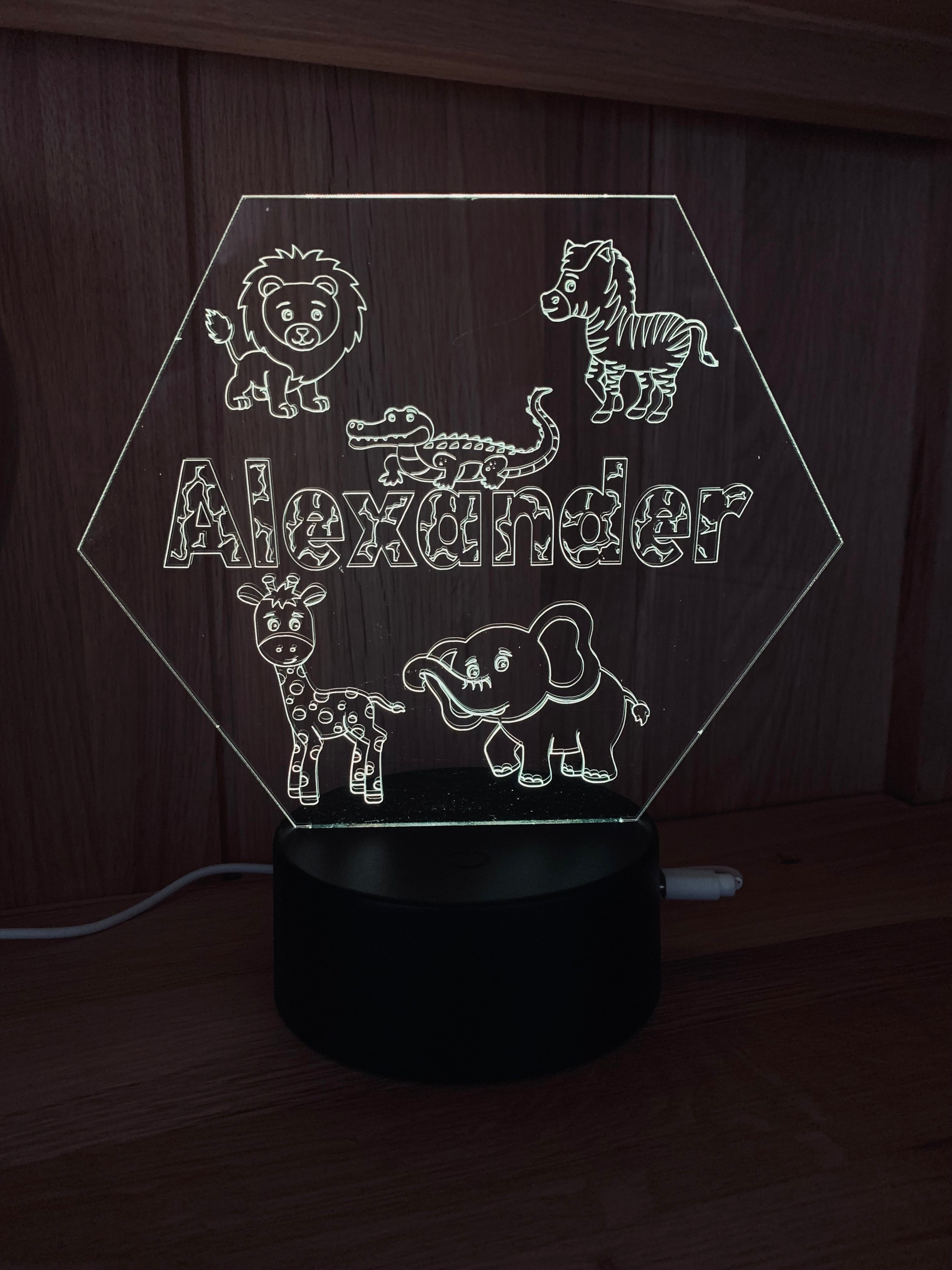 Safari Themed LED Night Light - Comes Fully Personalised. Unique Gift Idea