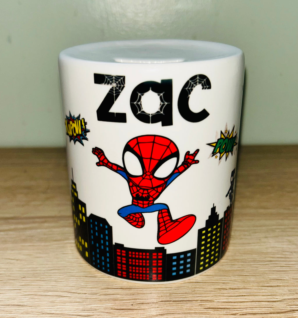 Spidey & Friends Design Personalised Money Box, Piggy Bank, Birthday Gift, Baby gift, keepsake, Saving, bedroom/nursery decor, Ceramic