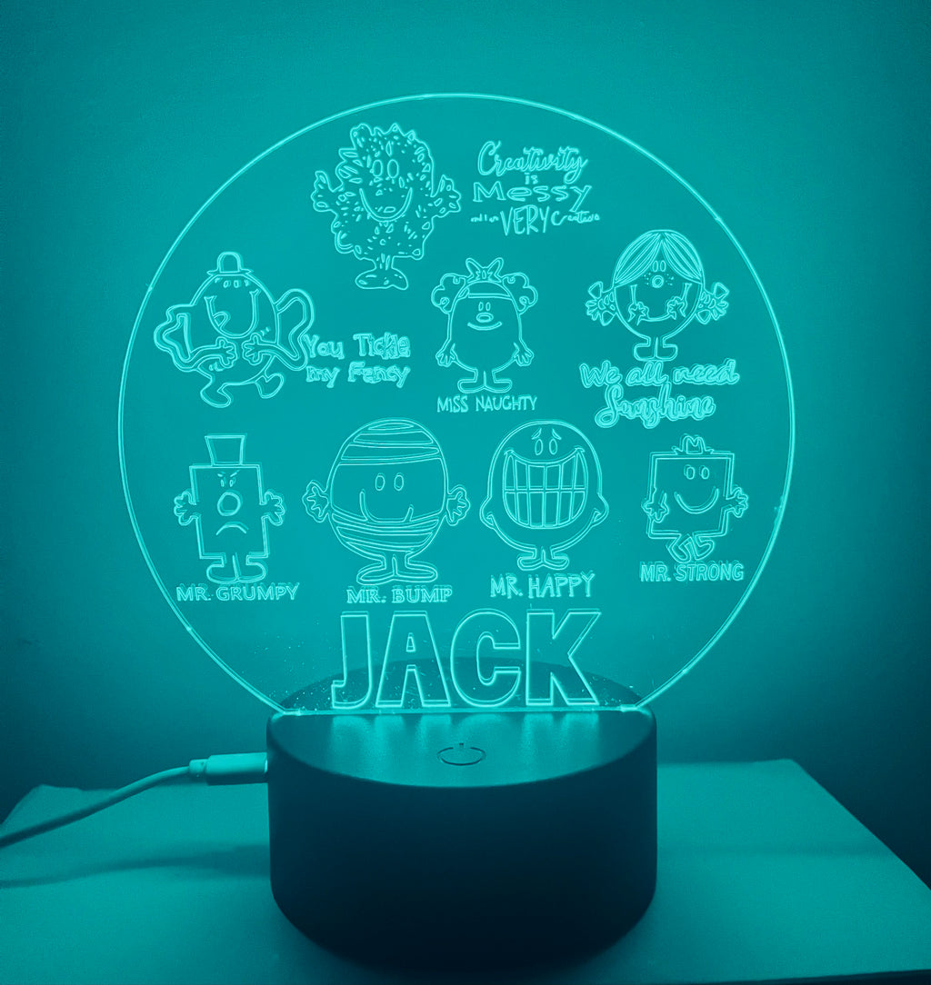 Mr Men Themed LED Night Light - Comes Fully Personalised. Unique Gift Idea