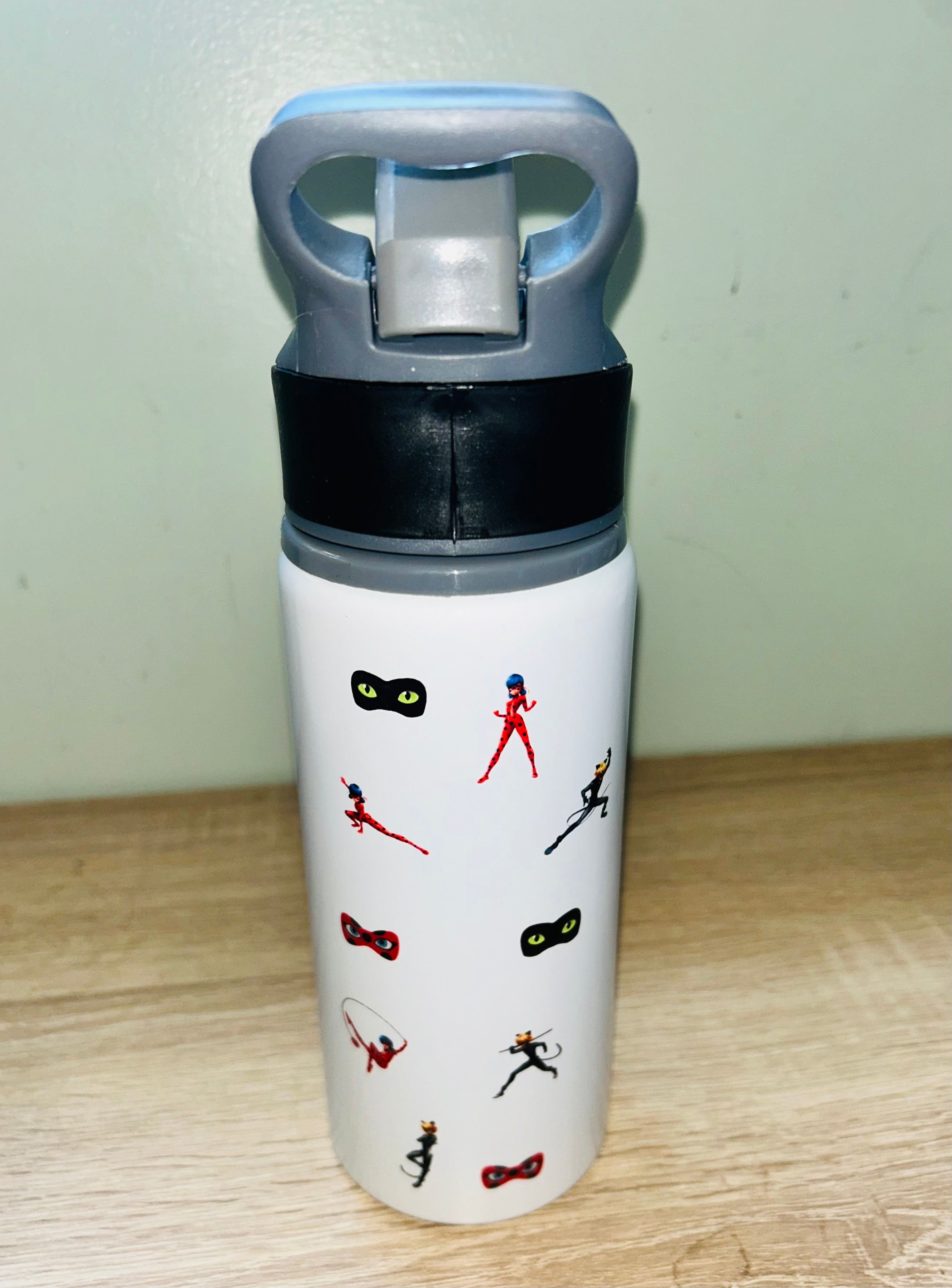 Character/Miraculous Themed Personalised 600ml Aluminium Water Bottles - made with your favourite characters! School Water Bottle, Summer Ready.