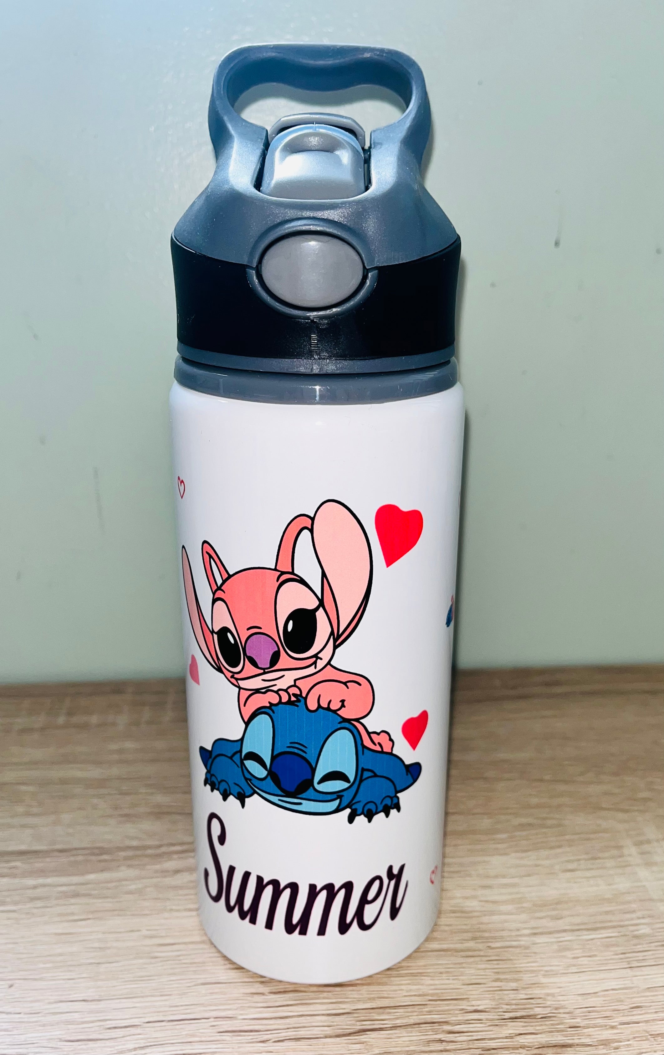 Stitch & Angel Themed Personalised 600ml Aluminium Water Bottles - made with your favourite characters! School Water Bottle, Summer Ready.