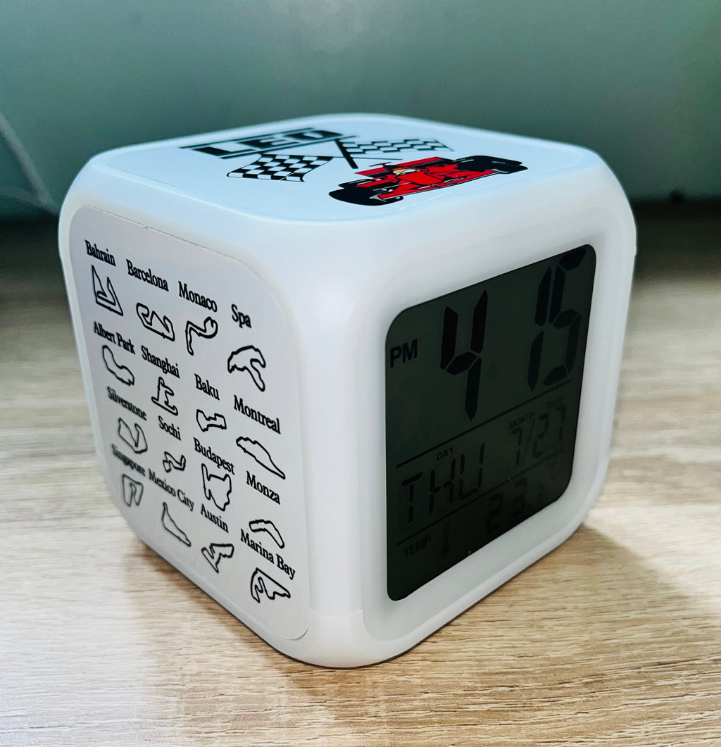 F1 Motorsport Design Personalised LED Cube Digital Alarm Clock - Colour Changing/Great Gift Idea
