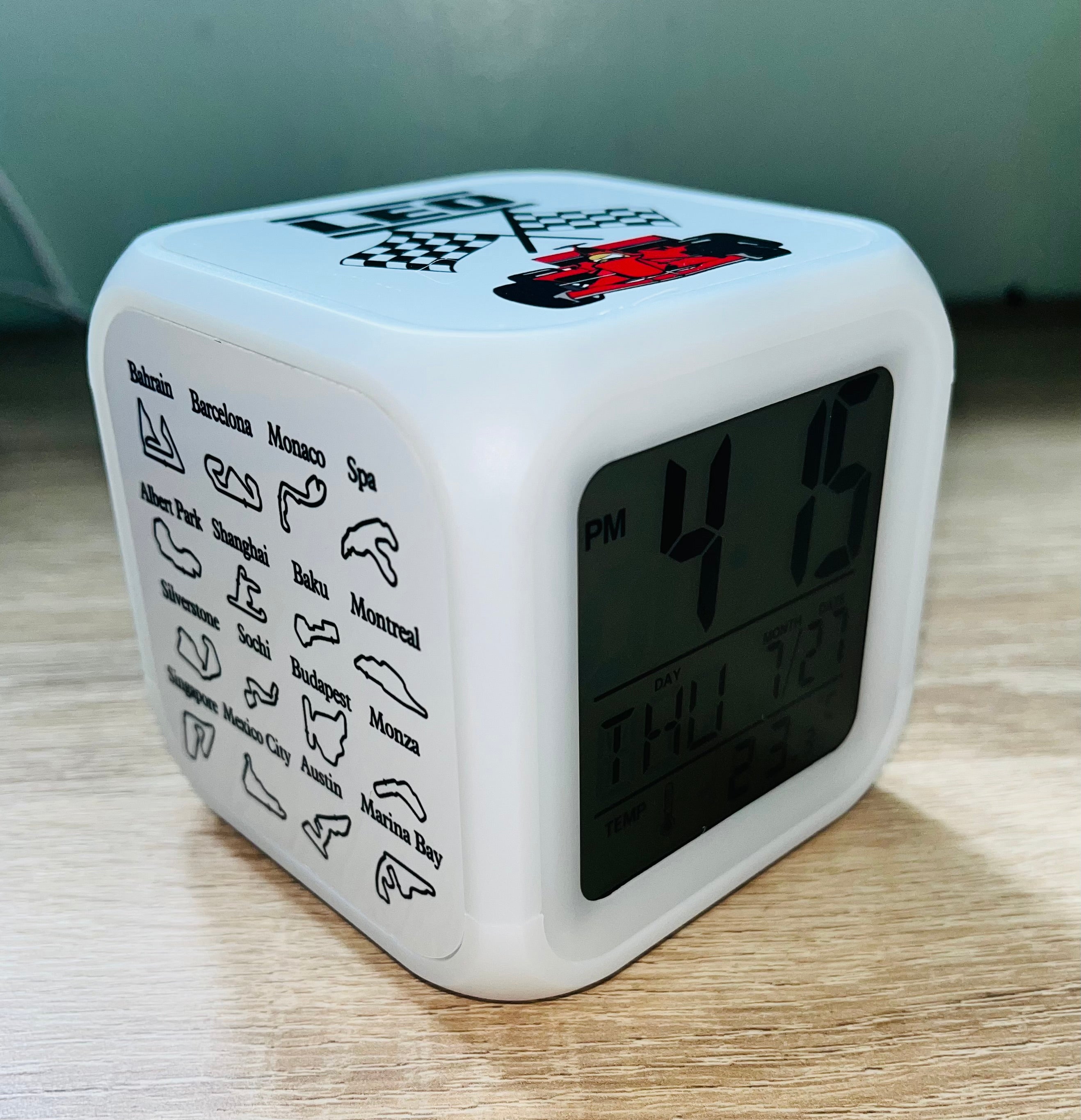 F1 Motorsport Design Personalised LED Cube Digital Alarm Clock - Colour Changing/Great Gift Idea