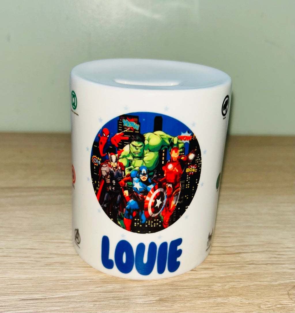 Marvel/Superheroes Design Personalised Money Box, Piggy Bank, Birthday Gift, Baby gift, keepsake, Saving, bedroom/nursery decor, Ceramic