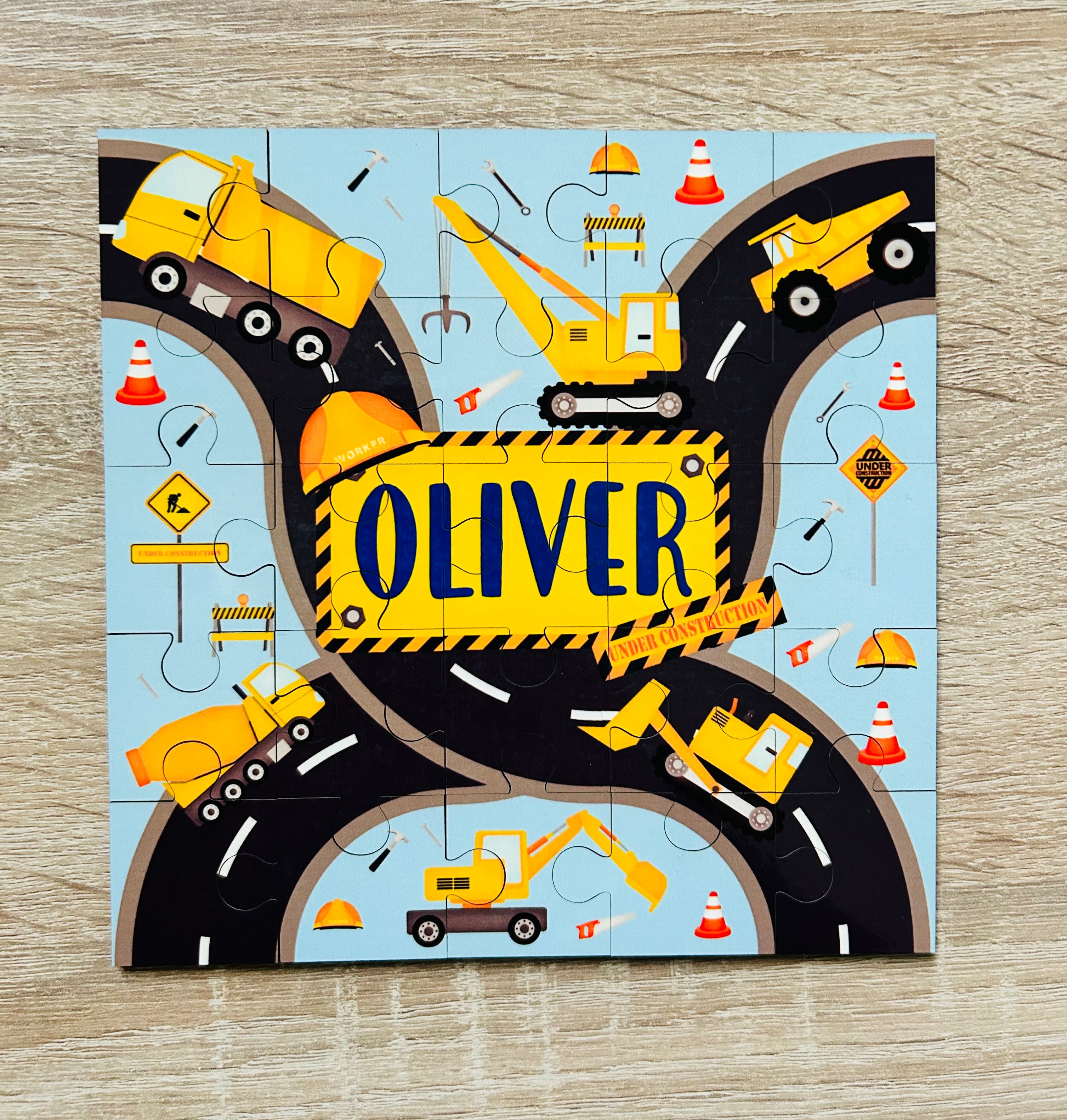 Construction Themed Personalised Jigsaw Puzzle, Children's Custom Jigsaw, 24 Piece Wooden Puzzle, Birthday gift,  Personalised Gift. Square Shape