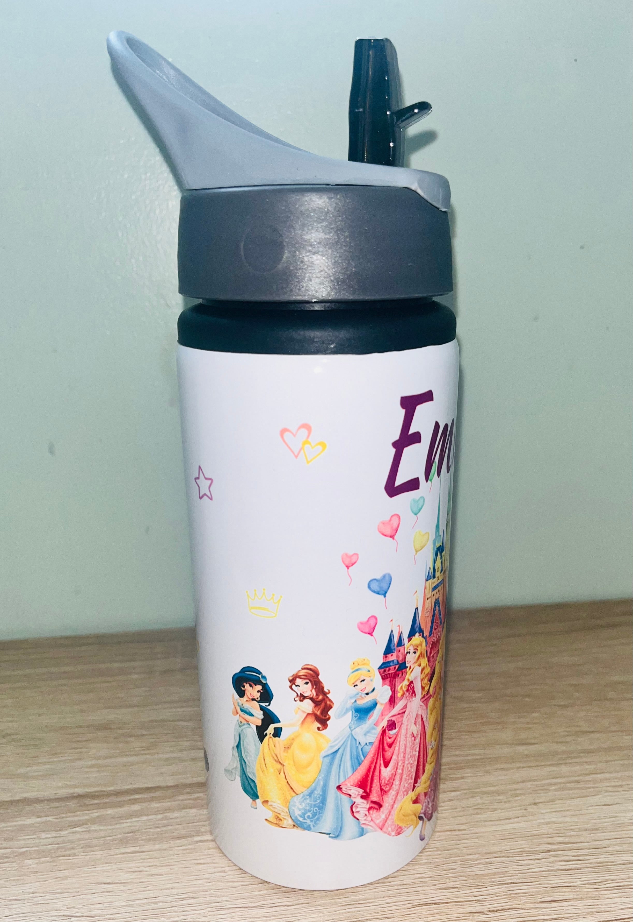 Princess Themed Personalised 600ml Aluminium Water Bottles - made with your favourite characters! School Water Bottle, Summer Ready.