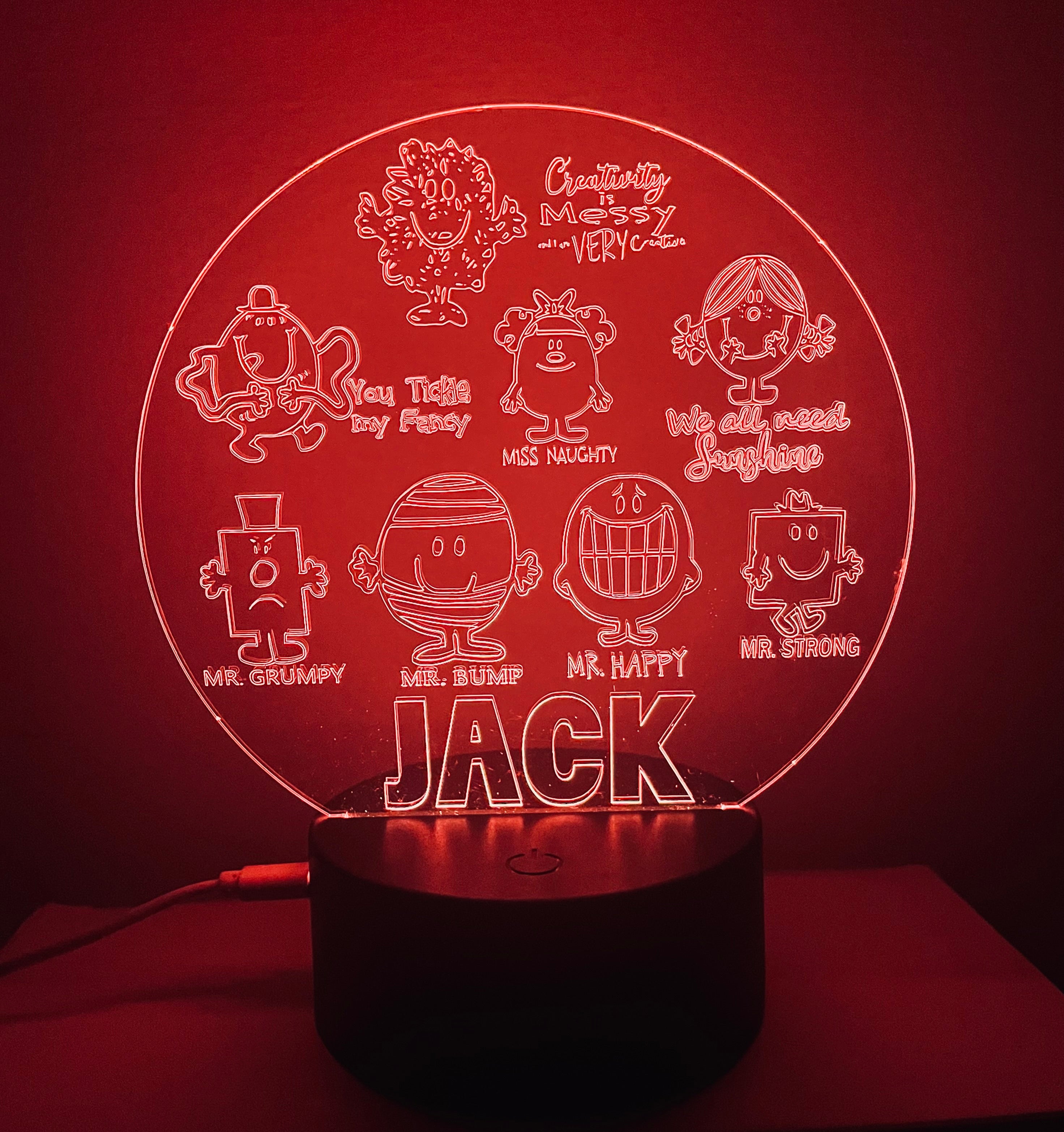 Mr Men Themed LED Night Light - Comes Fully Personalised. Unique Gift Idea