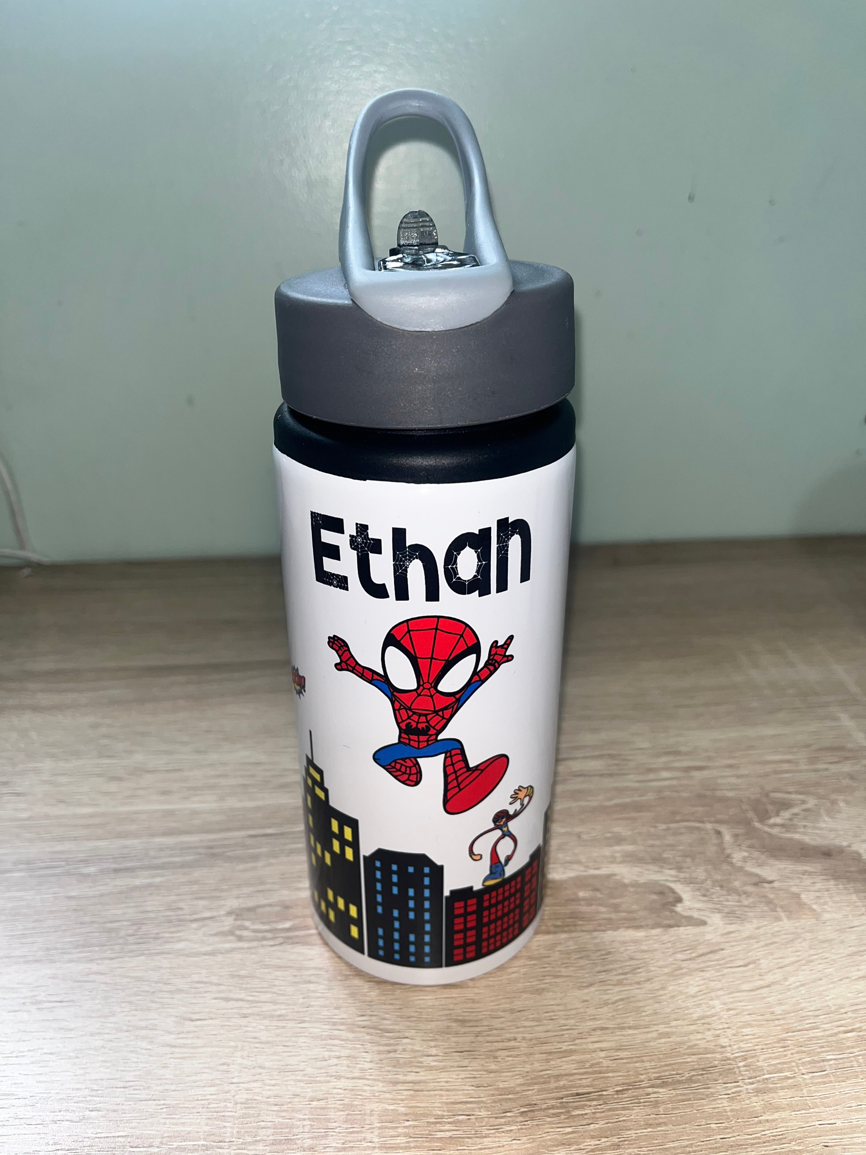 Spidey & Friends Themed Personalised 600ml Aluminium Water Bottles - made with your favourite characters! School Water Bottle, Summer Ready.
