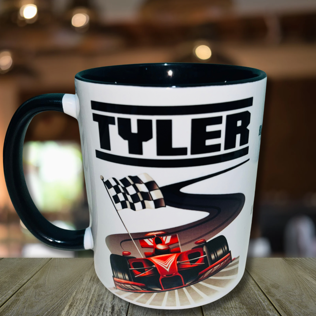 Motor Racing Themed Design Personalised Mug, Custom Mug, Customised Coffee Cup, Gift for Friend, Bridesmaid Gift, Tea Lover Gift, Birthday Gift