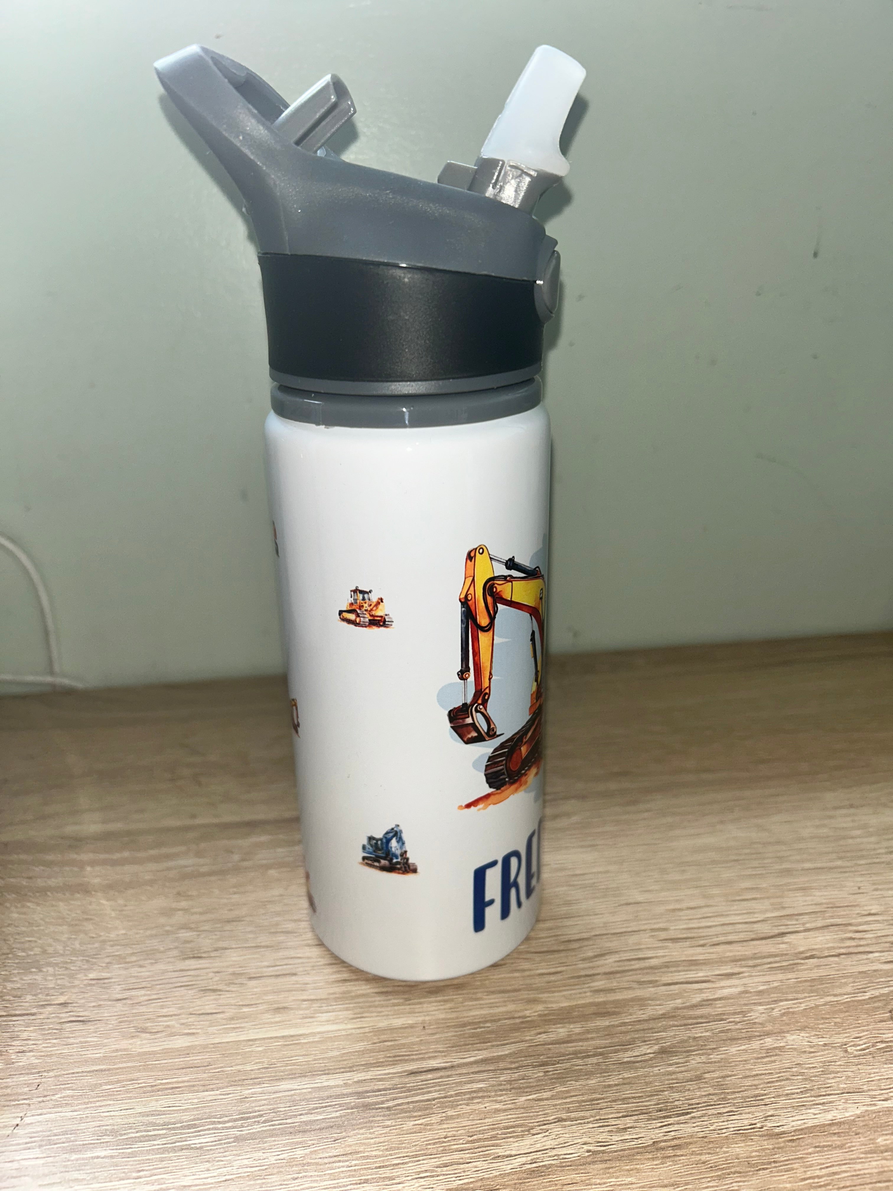 Digger Themed Personalised 600ml Aluminium Water Bottles - made with your favourite characters! School Water Bottle, Summer Ready.
