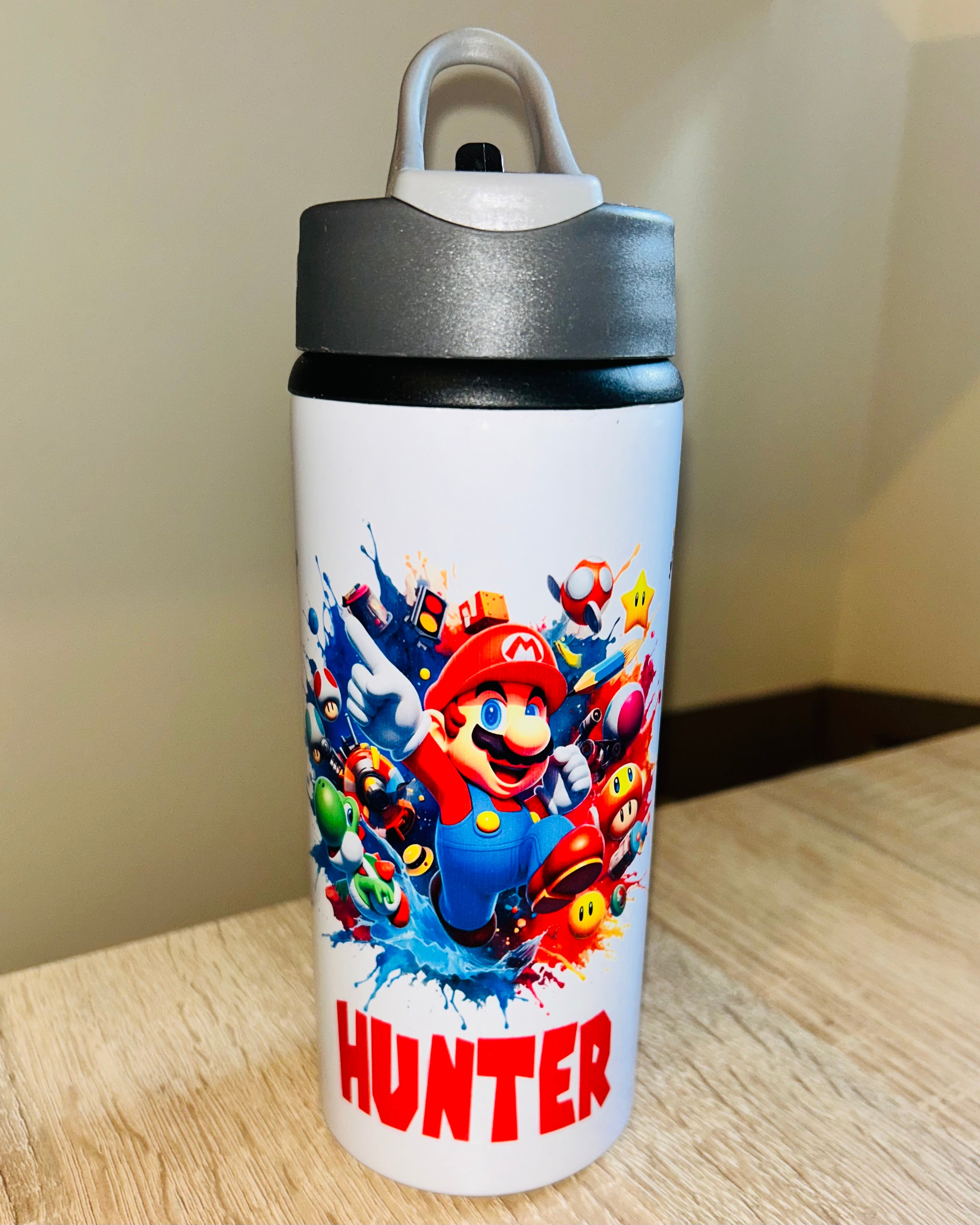 Character/Super Mario Themed Personalised 600ml Aluminium Water Bottles - made with your favourite characters! School Water Bottle, Summer Ready.