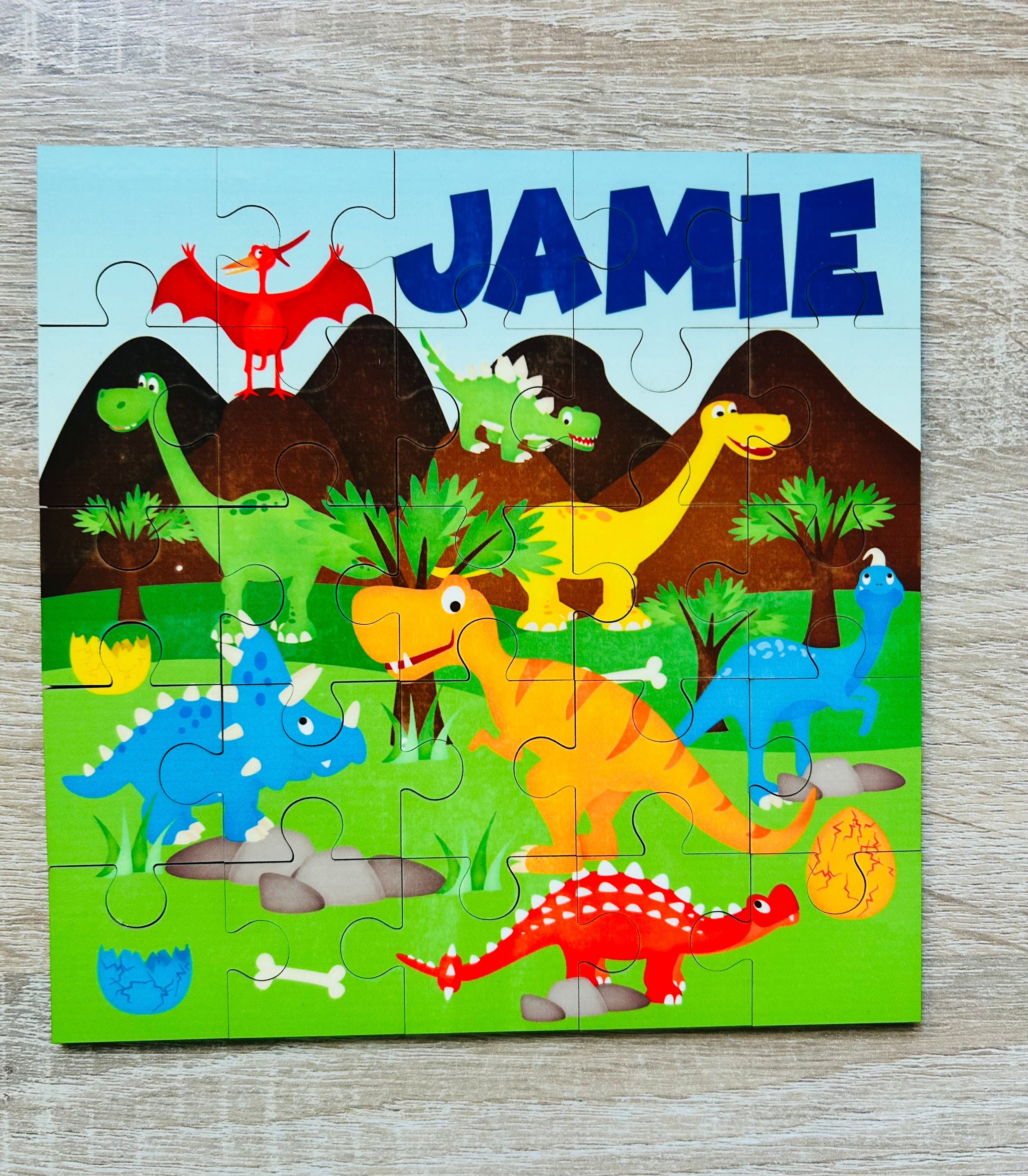 Dinosaur Themed Personalised Jigsaw Puzzle, Children's Custom Jigsaw, 24 Piece Wooden Puzzle, Birthday gift,  Personalised Gift. Square Shape