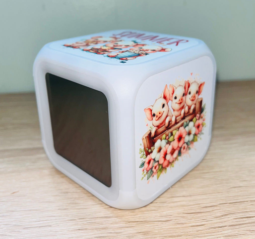 Cute Piggy Design Personalised LED Cube Digital Alarm Clock - Colour Changing/Great Gift Idea