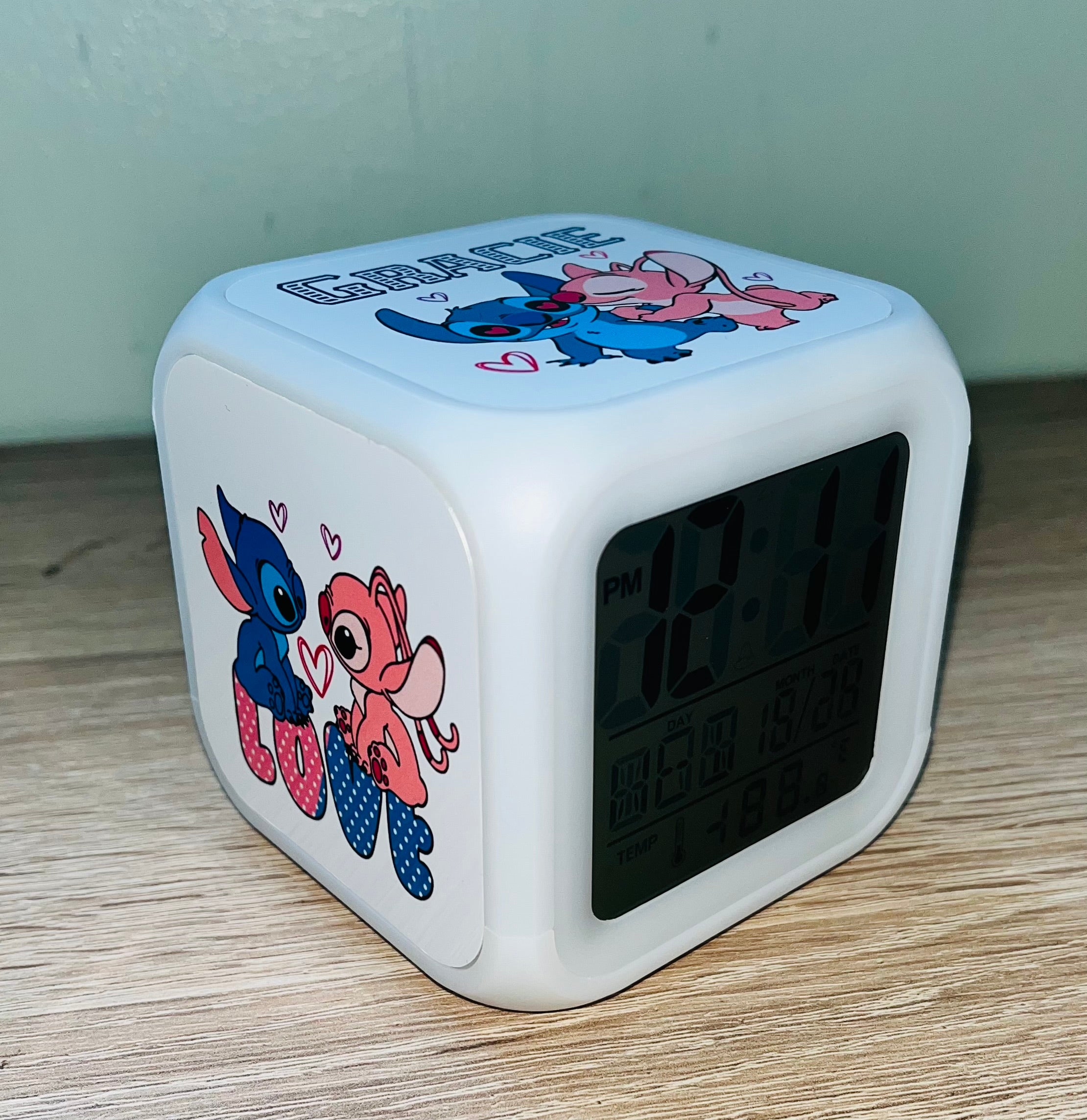 Stitch & Angel Design Personalised LED Cube Digital Alarm Clock - Colour Changing/Great Gift Idea