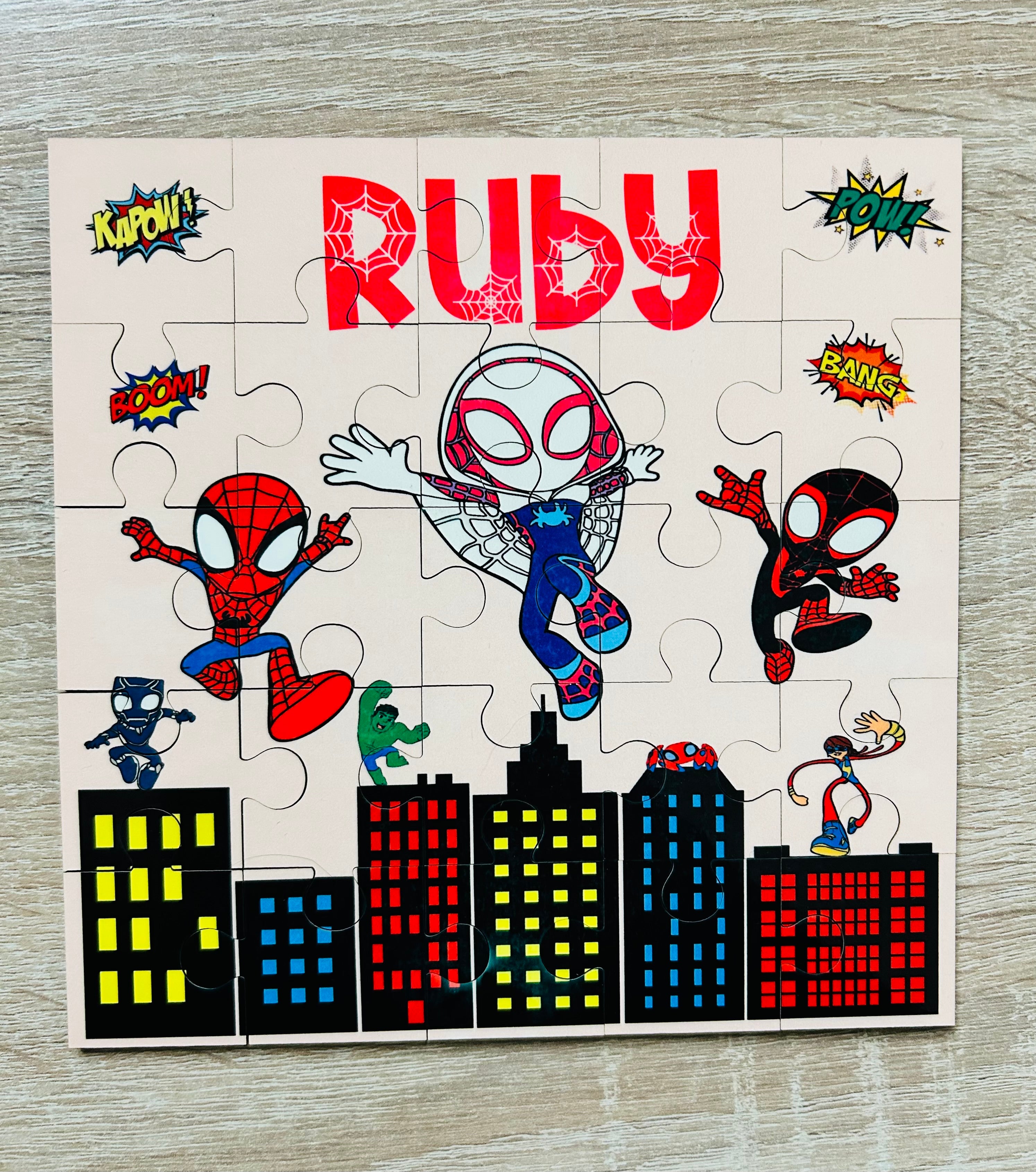 Spiderman Themed Personalised Jigsaw Puzzle, Children's Custom Jigsaw, 24 Piece Wooden Puzzle, Birthday gift,  Personalised Gift. Square Shape