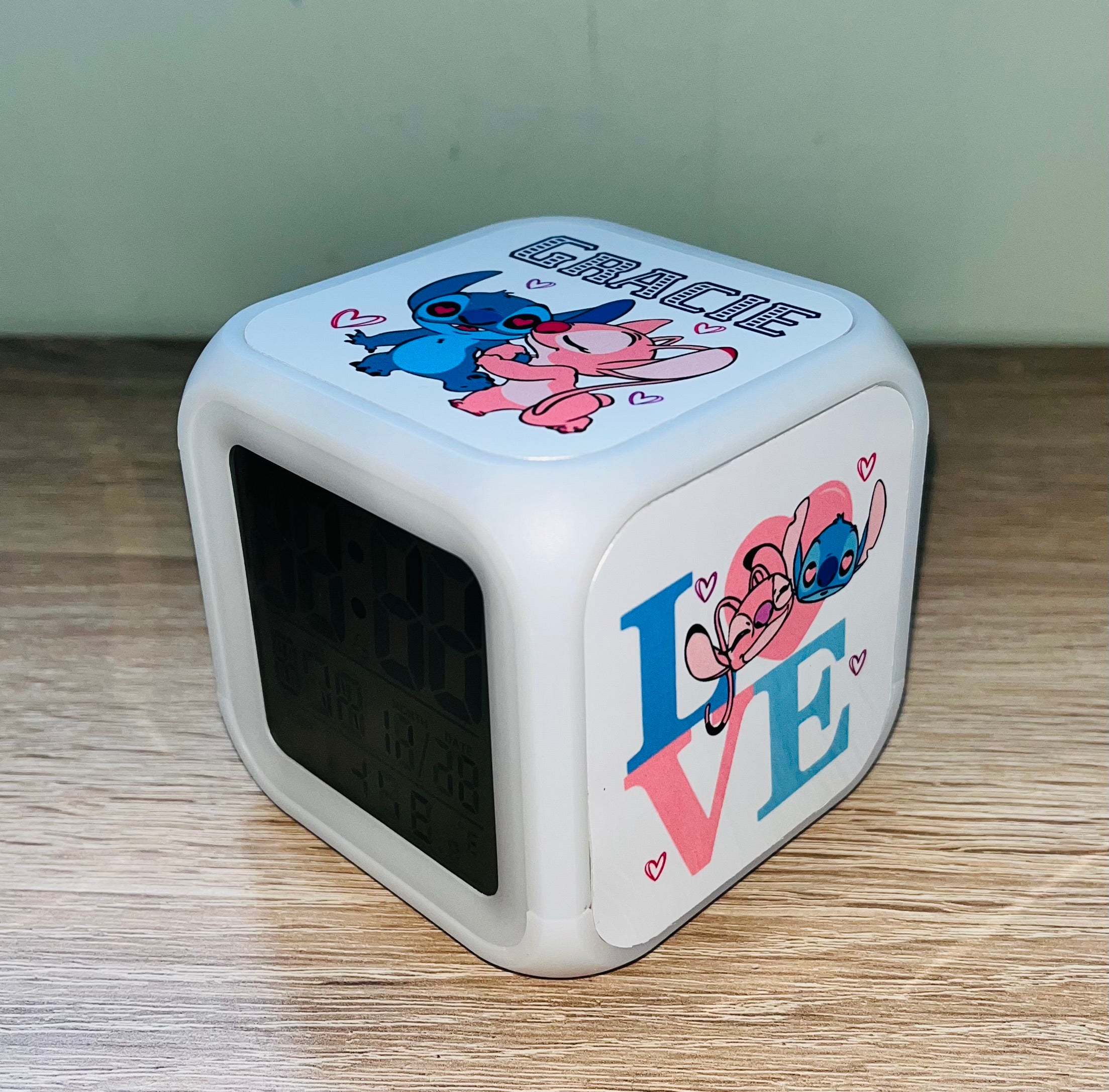 Stitch & Angel Design Personalised LED Cube Digital Alarm Clock - Colour Changing/Great Gift Idea