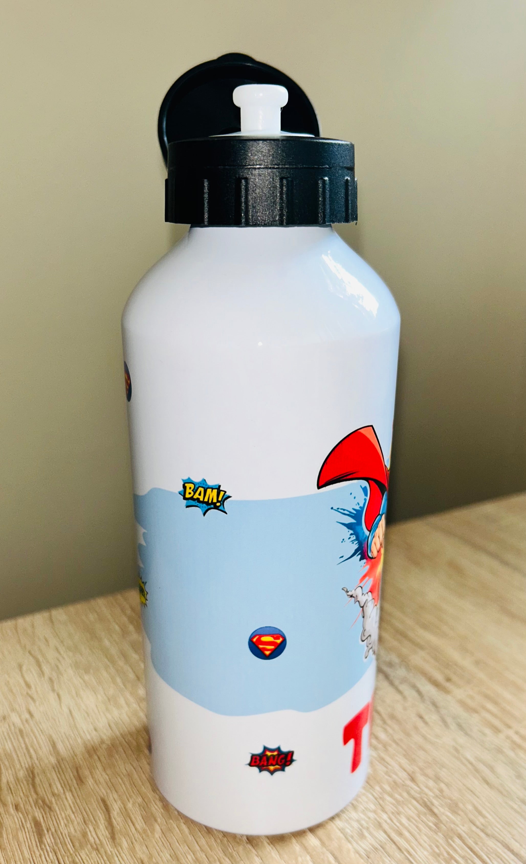 Superman Themed Personalised 600ml Aluminium Water Bottles - made with your favourite characters! School Water Bottle, Summer Ready.