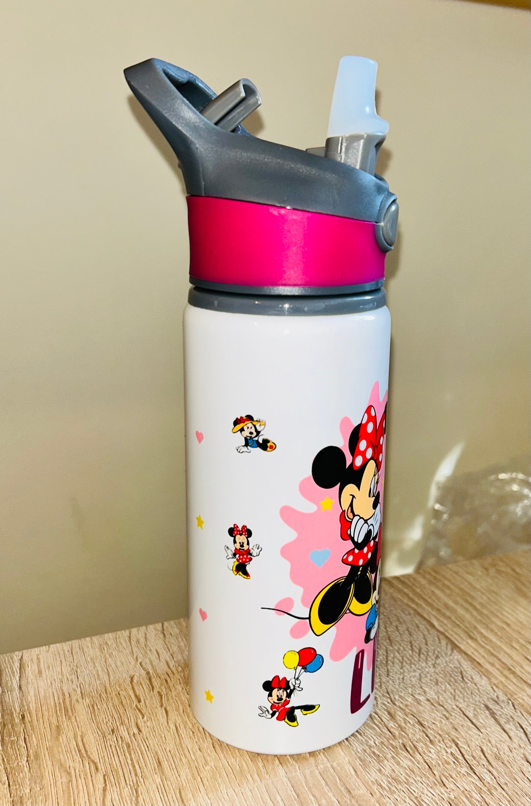 Character/Minnie Mouse Themed Personalised 600ml Aluminium Water Bottles - made with your favourite characters! School Water Bottle, Summer Ready.