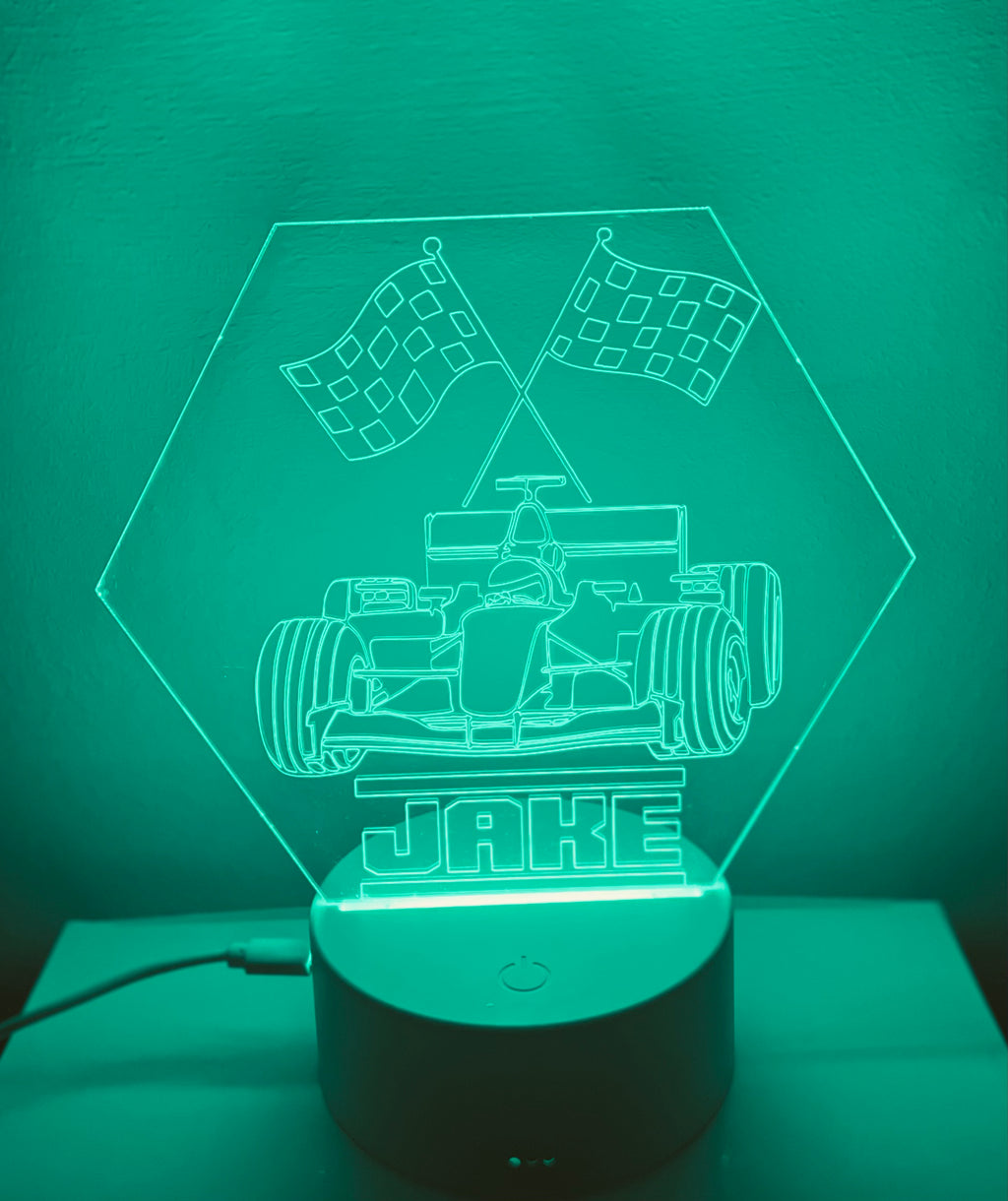 F1 Motor Racing Themed LED Night Light - Comes Fully Personalised. Unique Gift Idea