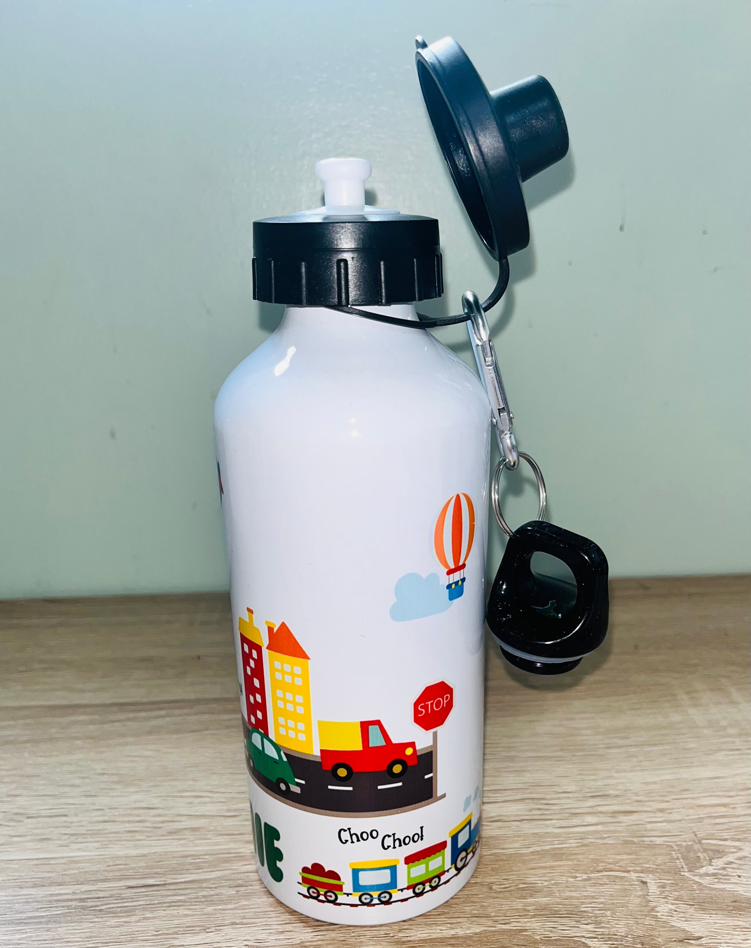 Transport Themed Personalised 600ml Aluminium Water Bottles - made with your favourite characters! School Water Bottle, Summer Ready.