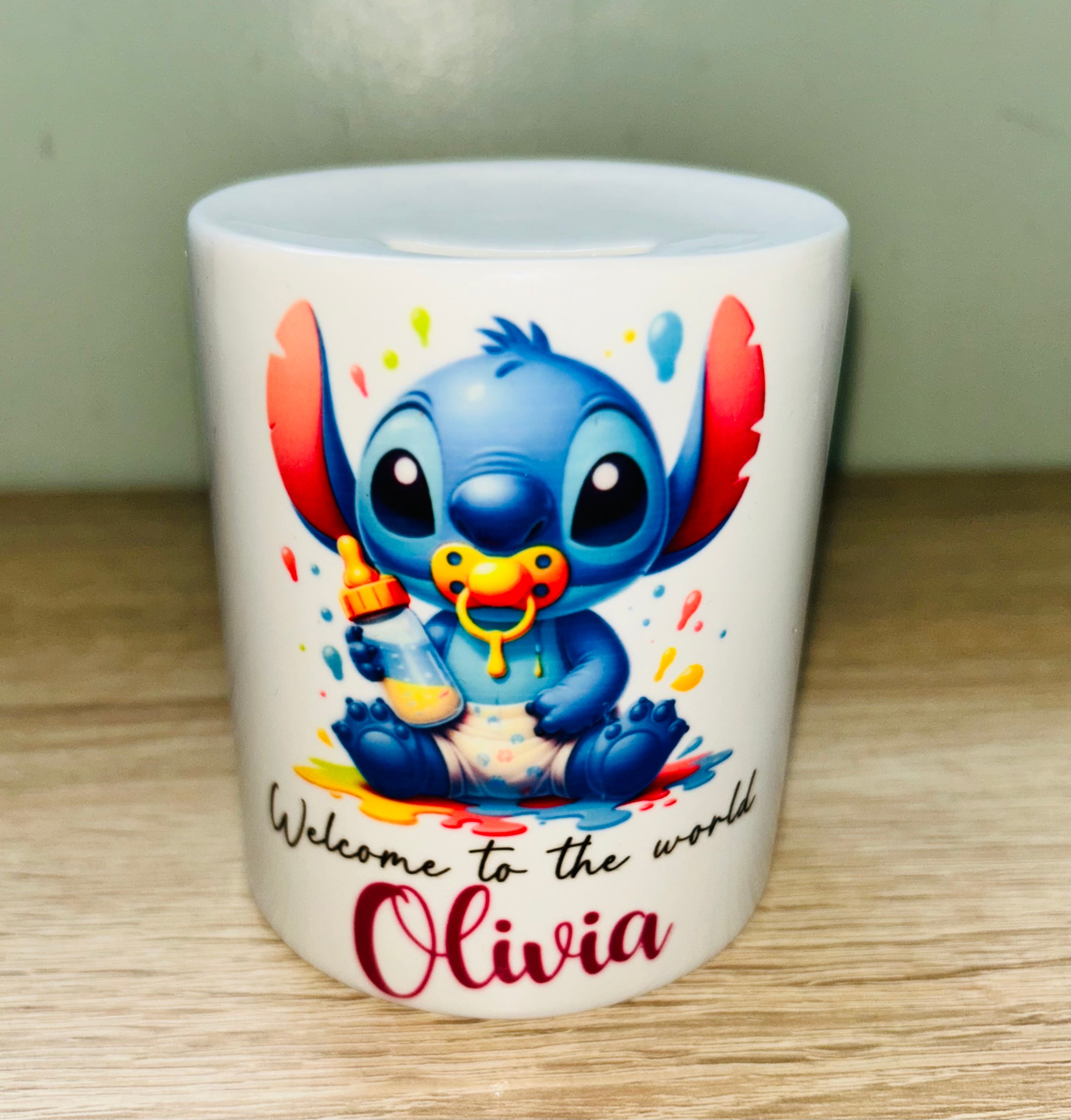 Baby Stitch Design Personalised Money Box, Piggy Bank, Birthday Gift, Baby gift, keepsake, Saving, bedroom/nursery decor, Ceramic