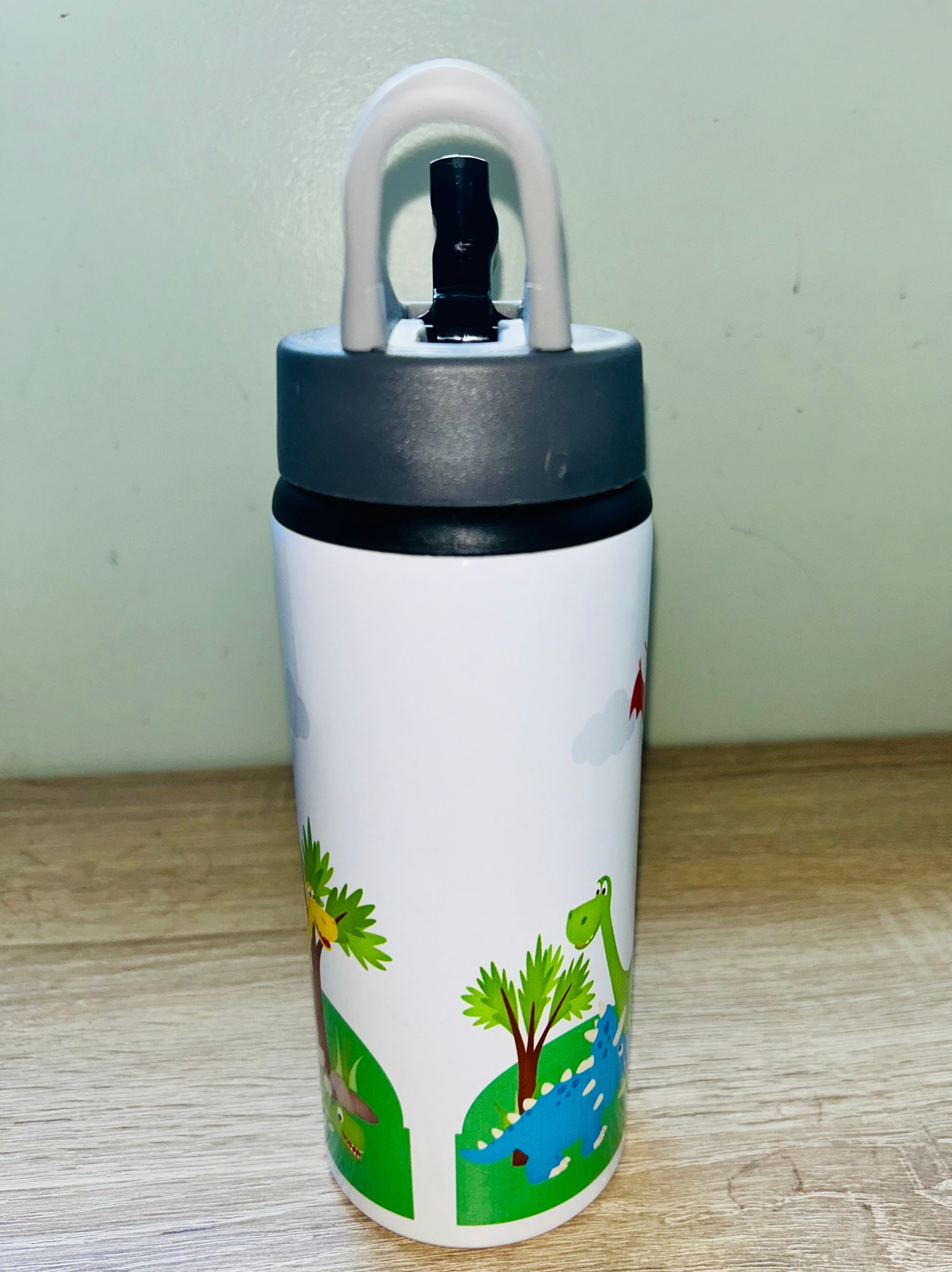 Dinosaur Themed Personalised 600ml Aluminium Water Bottles - made with your favourite characters! School Water Bottle, Summer Ready.