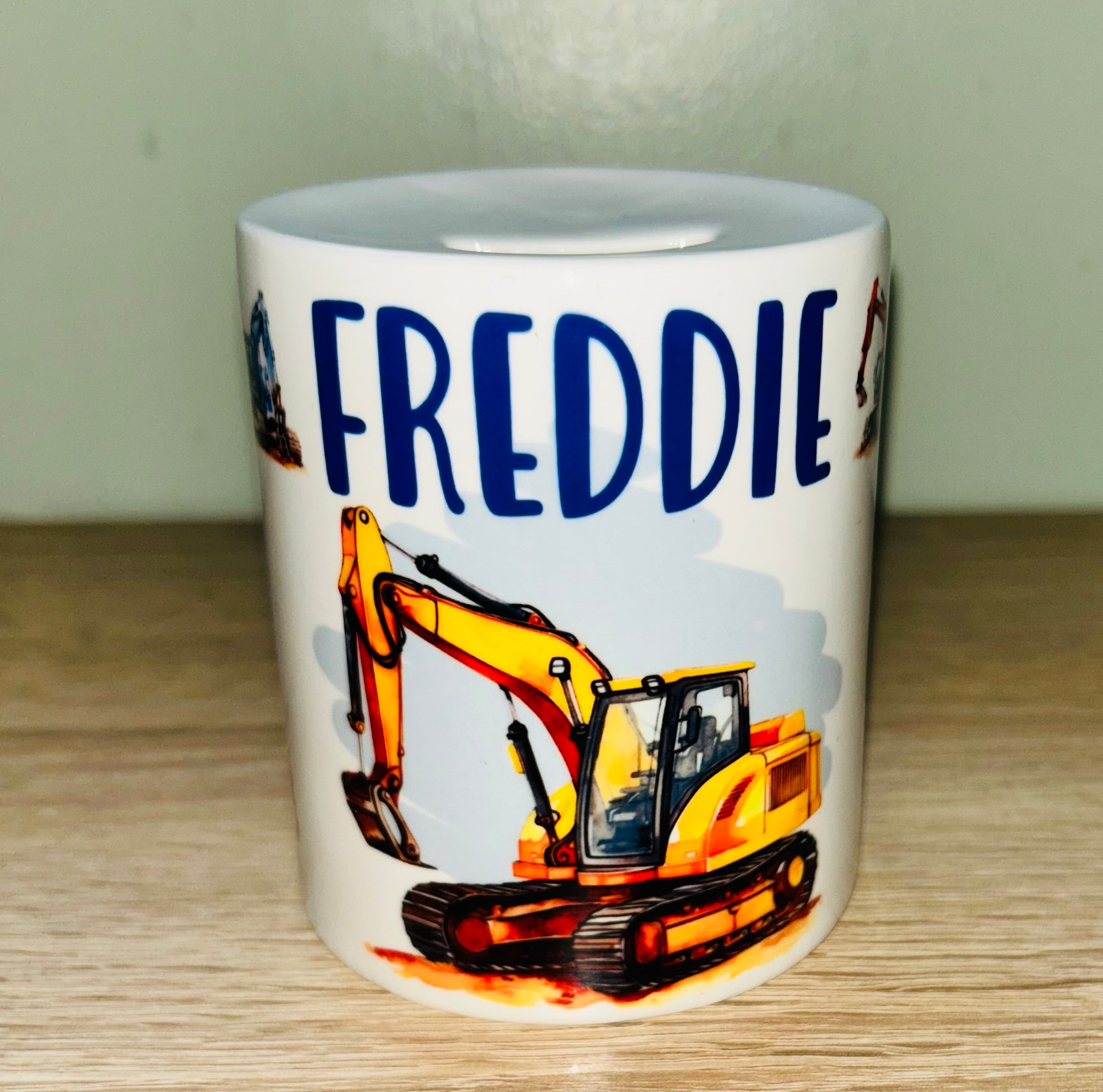 Digger Design Personalised Money Box, Piggy Bank, Birthday Gift, Baby gift, keepsake, Saving, bedroom/nursery decor, Ceramic