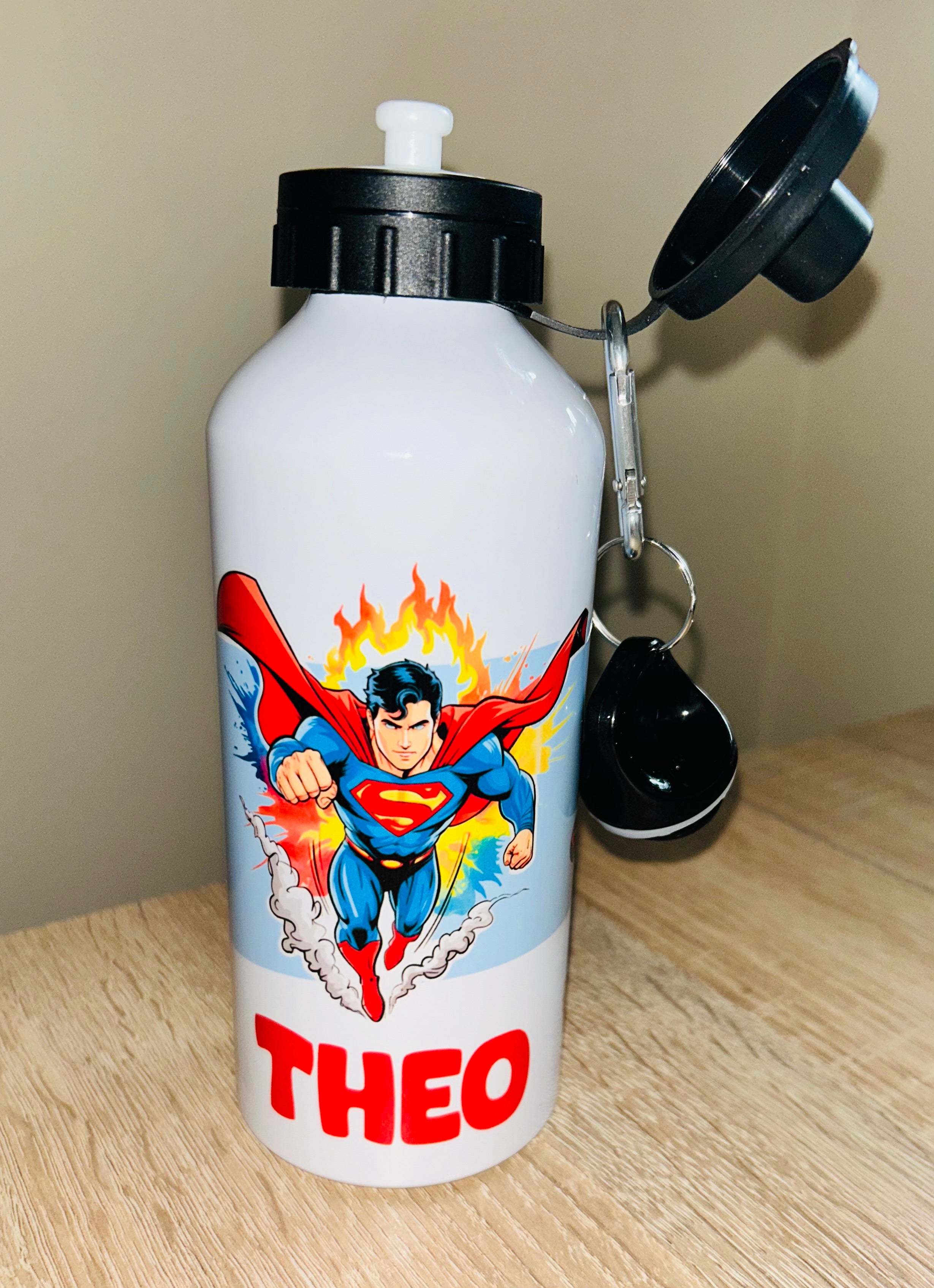 Superman Themed Personalised 600ml Aluminium Water Bottles - made with your favourite characters! School Water Bottle, Summer Ready.