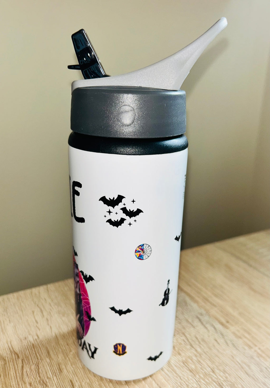 Character/Wednesday Themed Personalised 600ml Aluminium Water Bottles - made with your favourite characters! School Water Bottle, Summer Ready.
