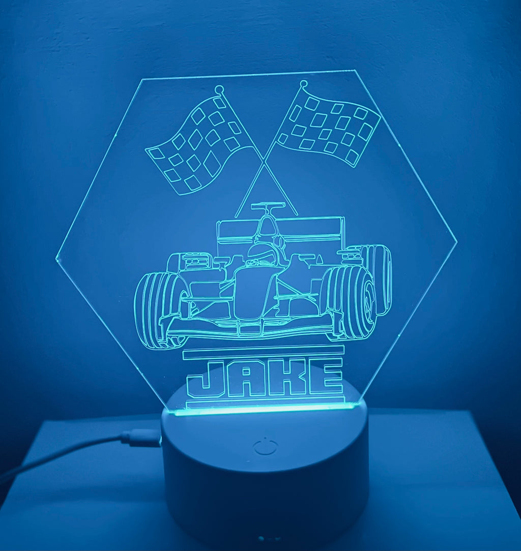 F1 Motor Racing Themed LED Night Light - Comes Fully Personalised. Unique Gift Idea