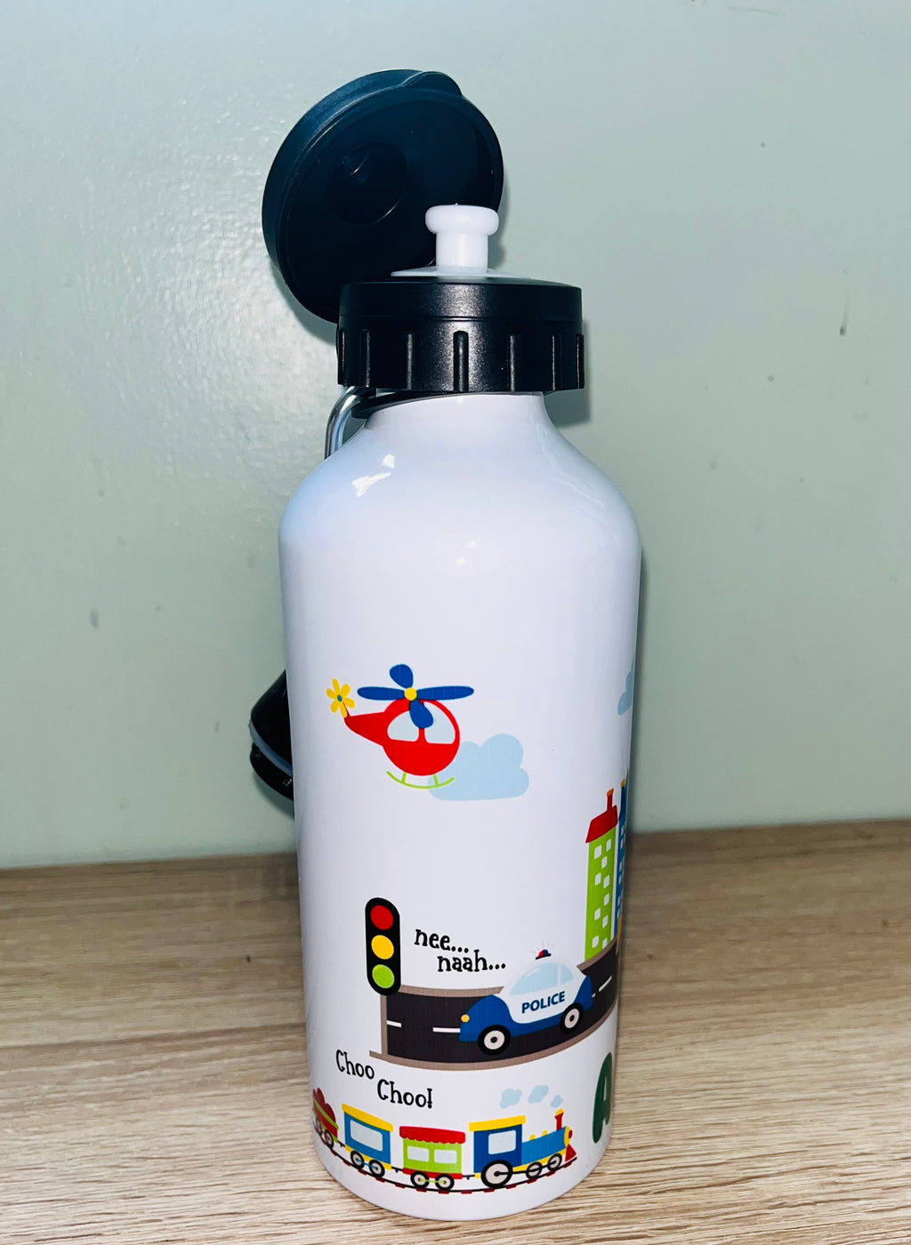 Transport Themed Personalised 600ml Aluminium Water Bottles - made with your favourite characters! School Water Bottle, Summer Ready.