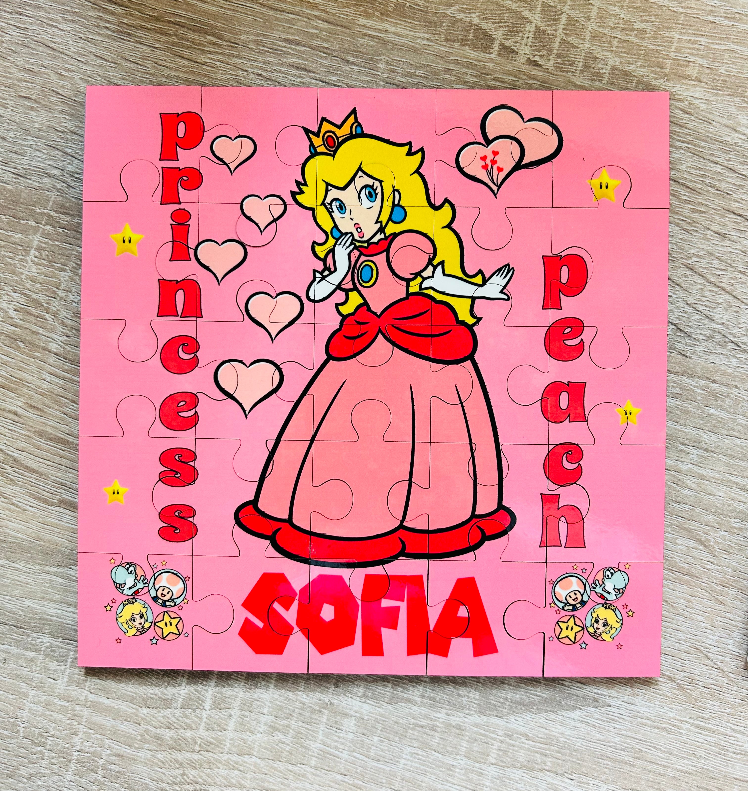 Princess Peach Themed Personalised Jigsaw Puzzle, Children's Custom Jigsaw, 24 Piece Wooden Puzzle, Birthday gift,  Personalised Gift. Heart or Square Shape