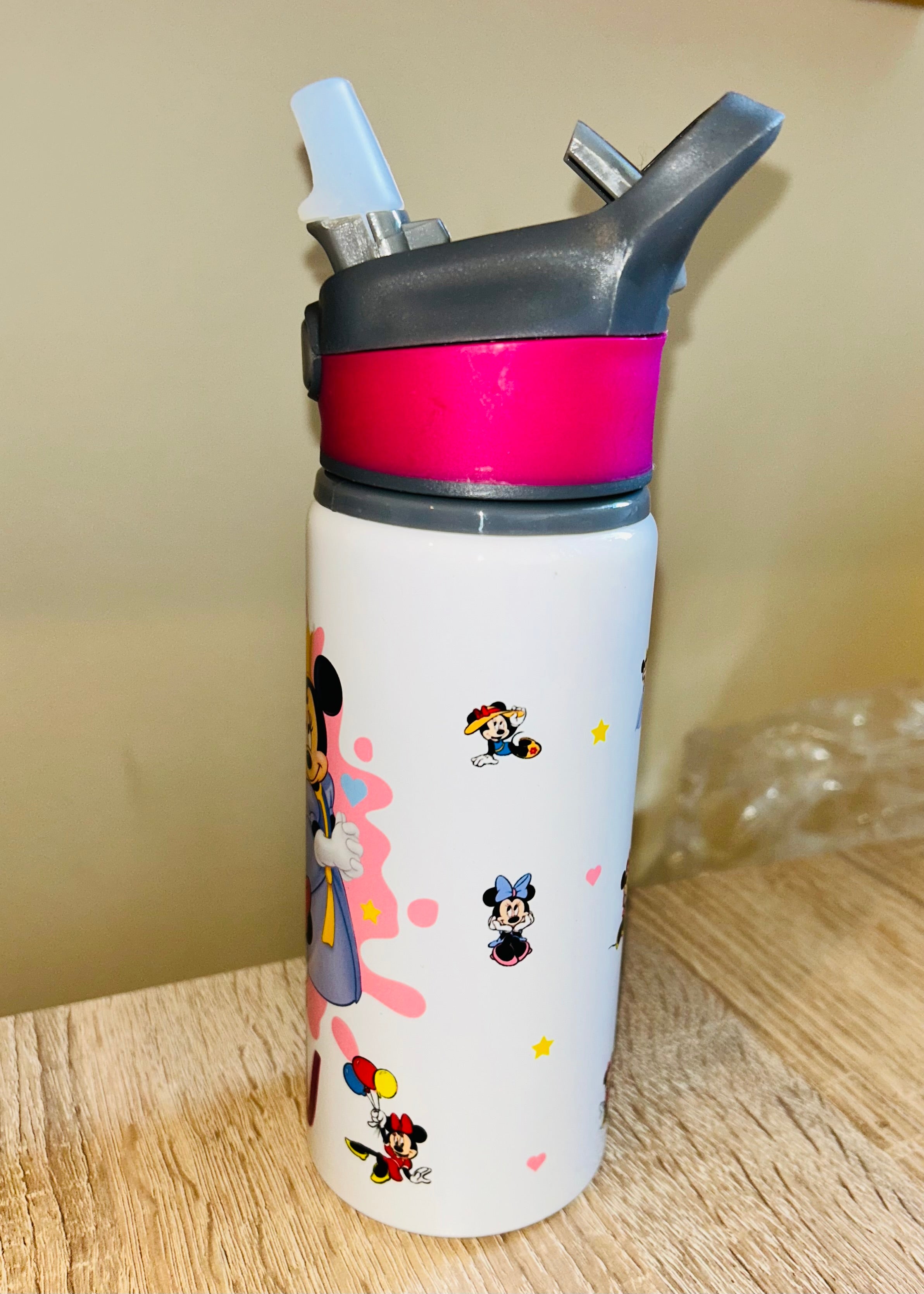 Character/Minnie Mouse Themed Personalised 600ml Aluminium Water Bottles - made with your favourite characters! School Water Bottle, Summer Ready.