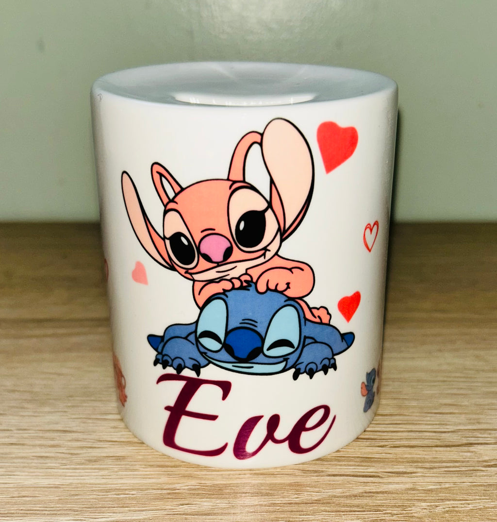 Stitch & Angel Design Personalised Money Box, Piggy Bank, Birthday Gift, Baby gift, keepsake, Saving, bedroom/nursery decor, Ceramic