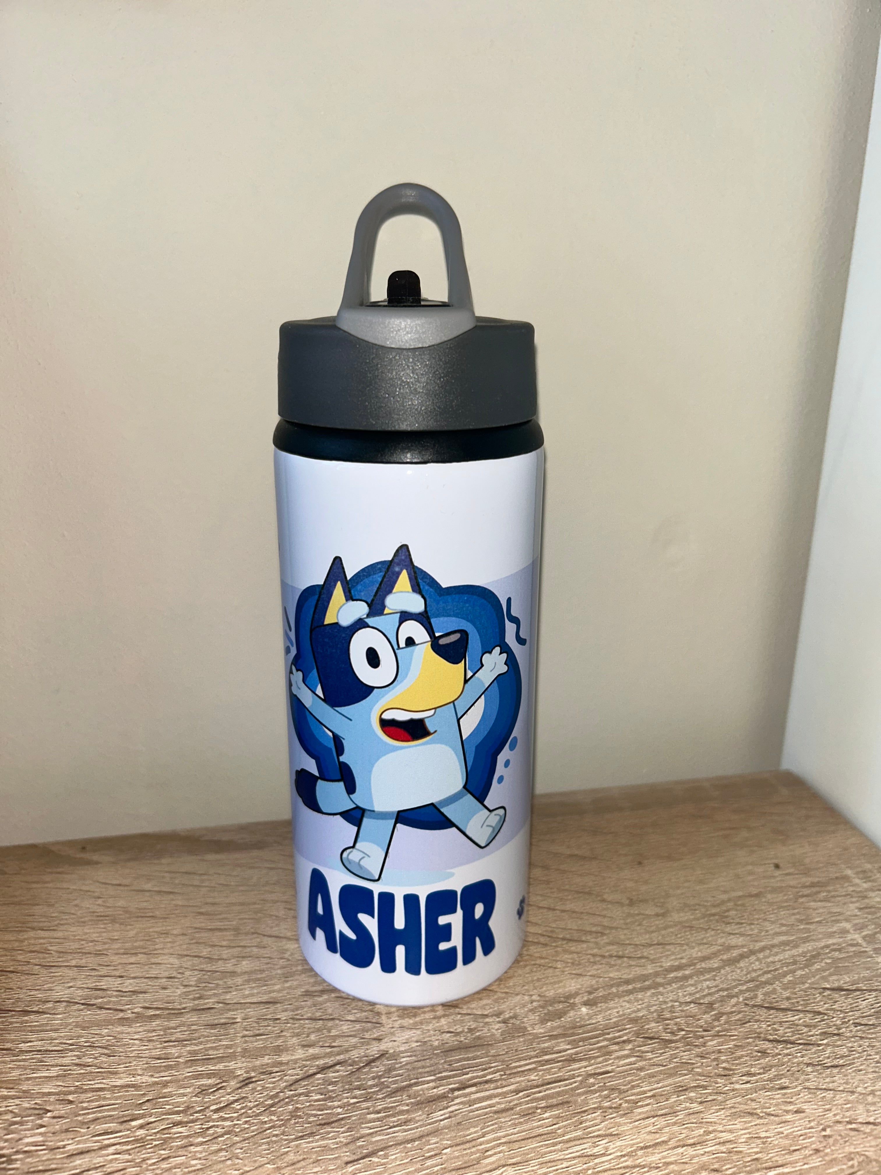 Character/Bluey Themed Personalised 600ml Aluminium Water Bottles - made with your favourite characters! School Water Bottle, Summer Ready.